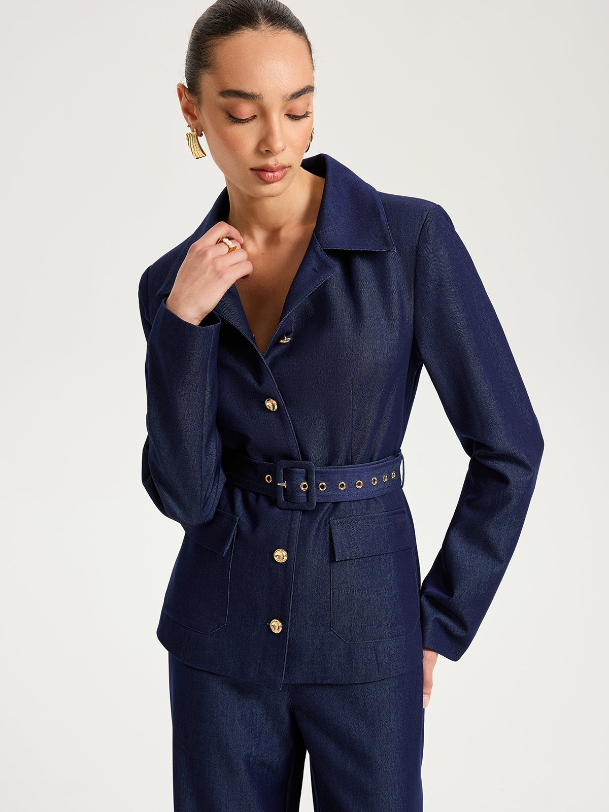 Taillierter Blazer aus Fake-Denim mit Metallknöpfen
