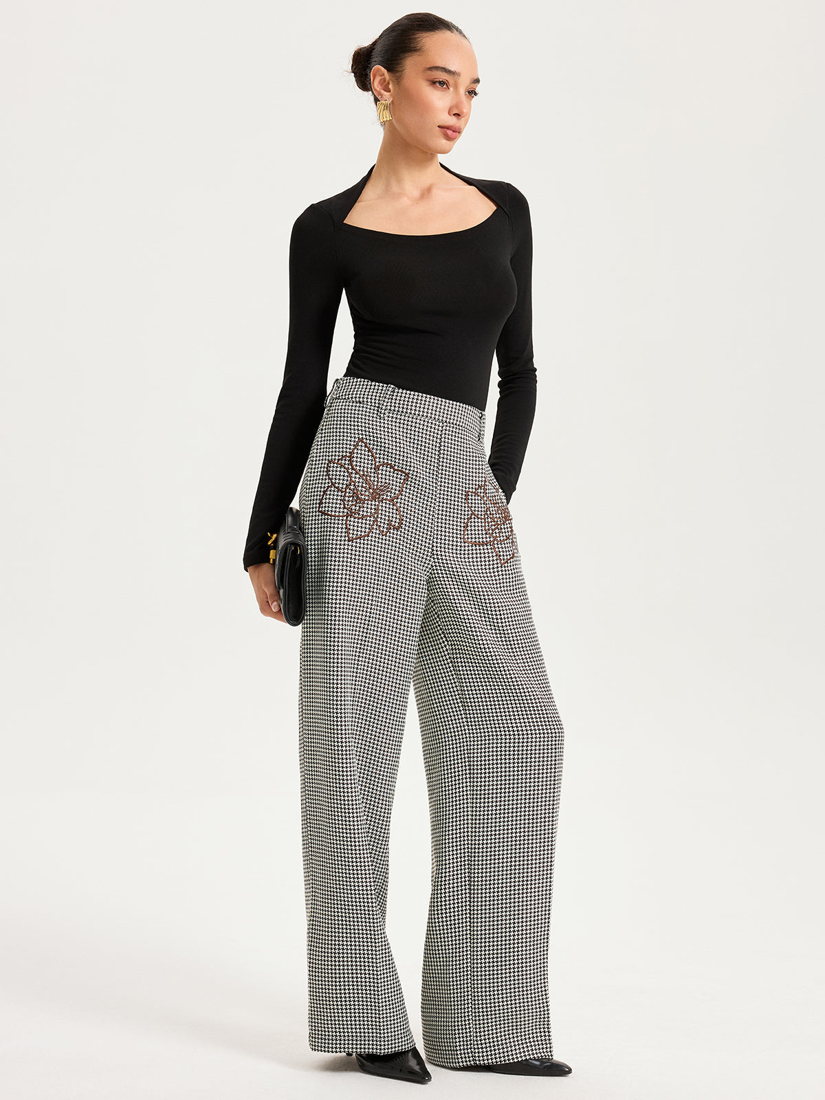Hahnentritt-Hose mit geradem Bein und Stickerei