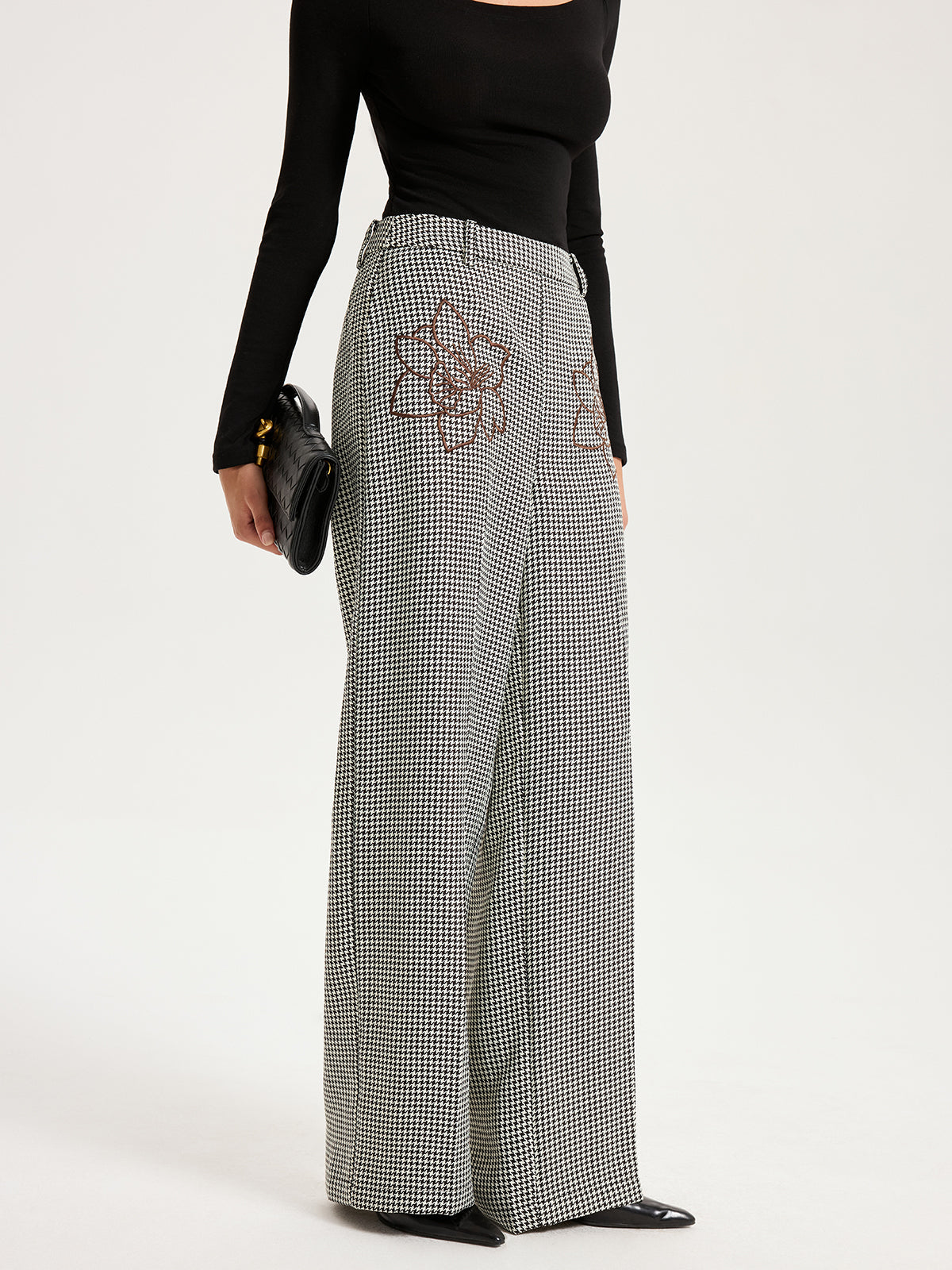 Hahnentritt-Hose mit geradem Bein und Stickerei