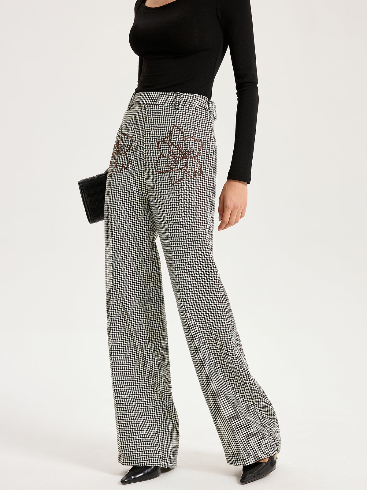 Hahnentritt-Hose mit geradem Bein und Stickerei