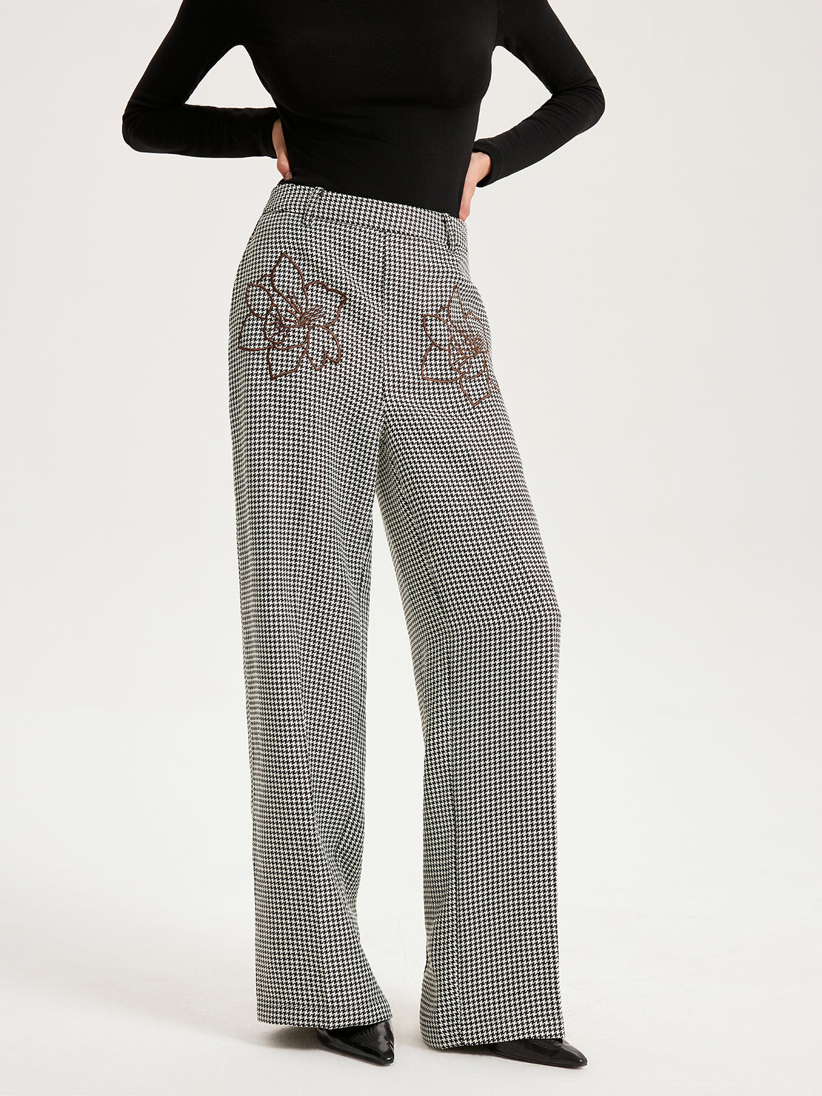 Hahnentritt-Hose mit geradem Bein und Stickerei