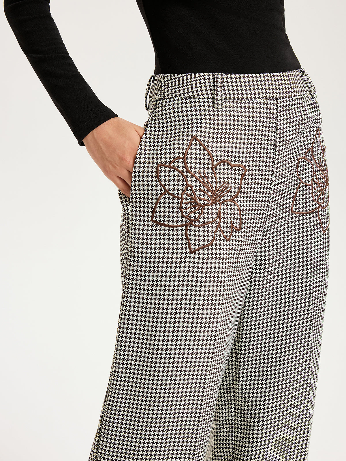 Hahnentritt-Hose mit geradem Bein und Stickerei