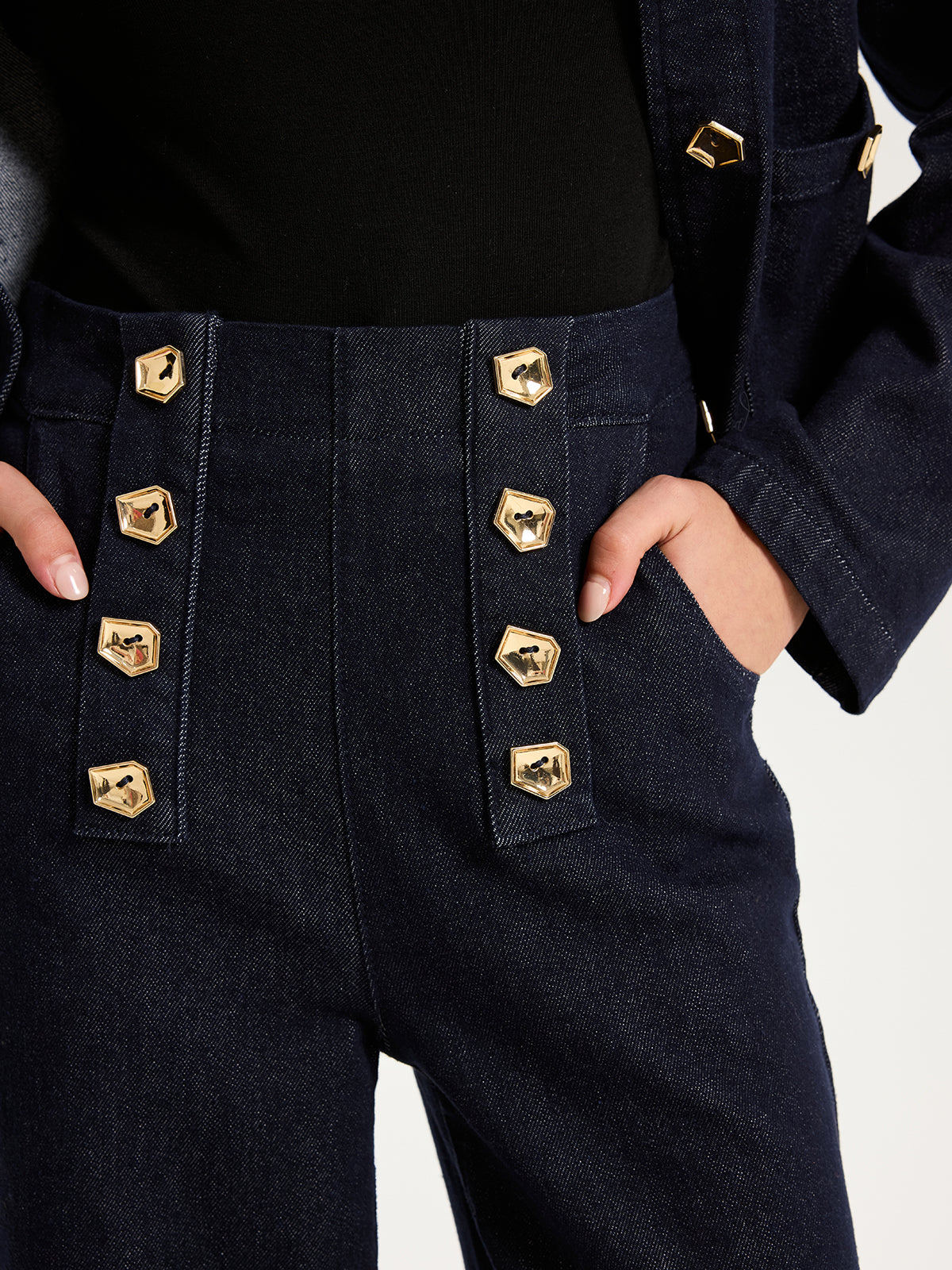 Metal Detail Denim Wide-Leg Jeans