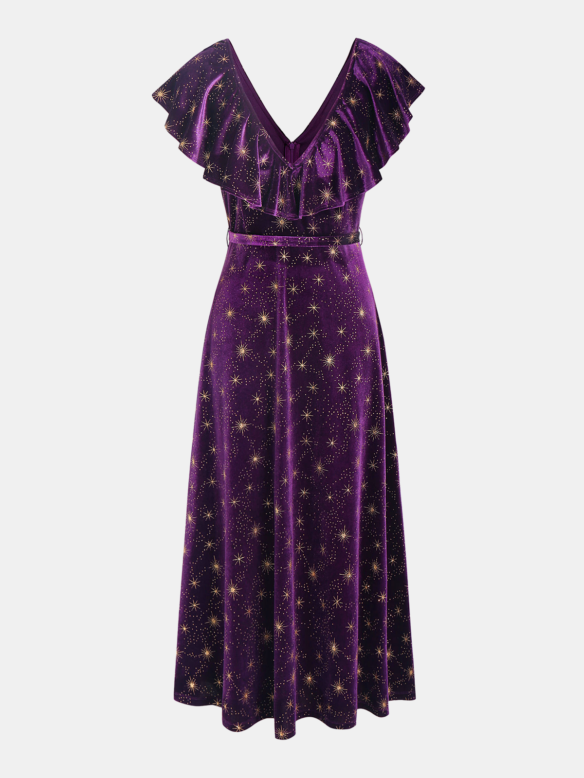 Gerüschtes V-Ausschnitt Samtkleid mit Sternenprint