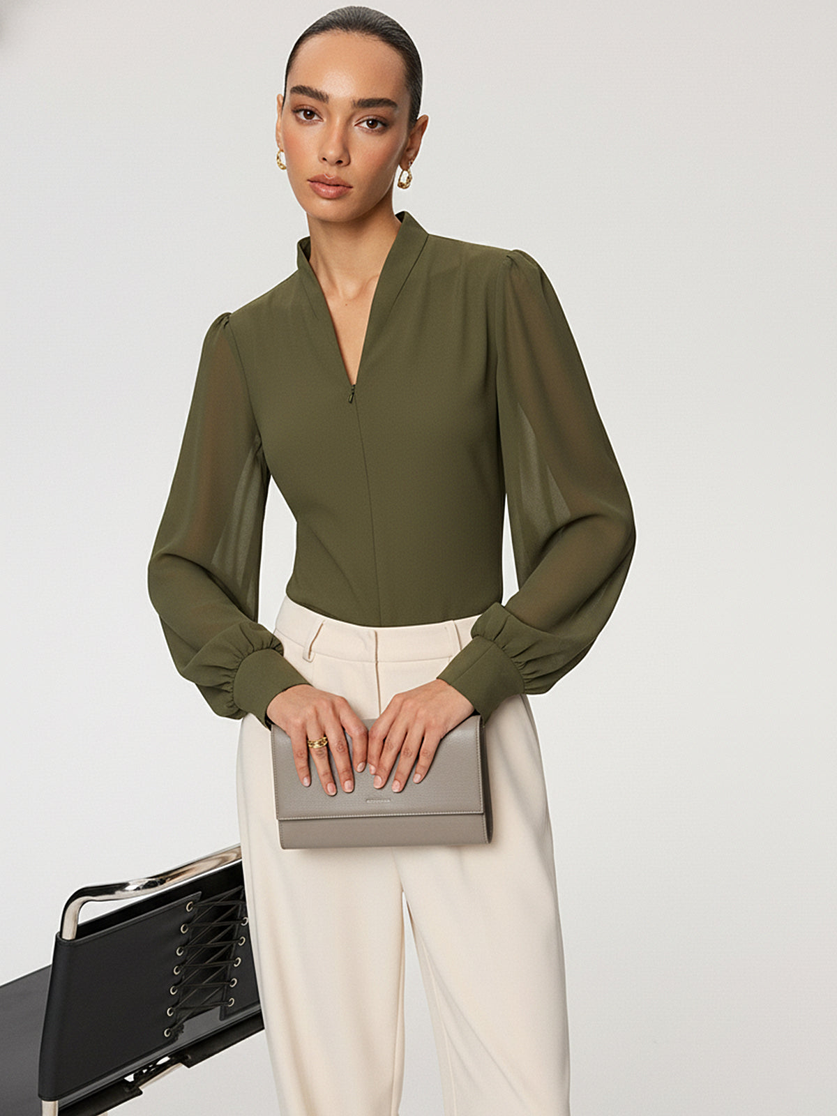 Zip Detail Chiffon Sleeves Blouse