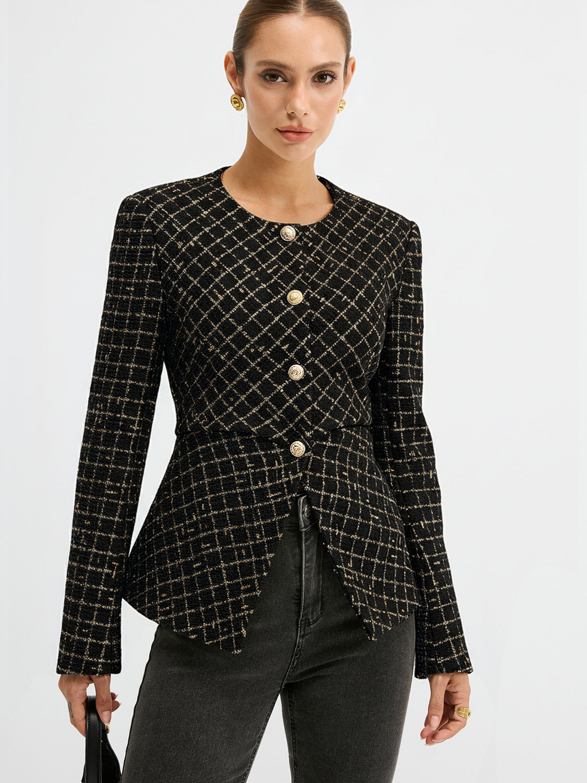 Tweed-Blazer mit Rundhalsausschnitt und Taillenbetonung
