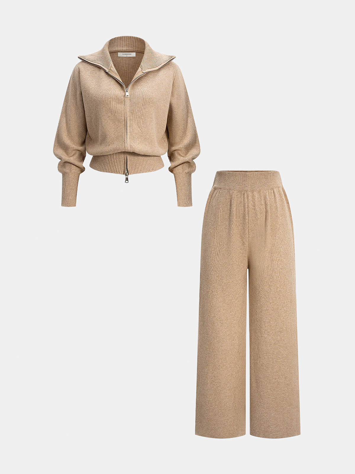 Knitted Zip-Up Jacket and Wide-Leg Pants Set