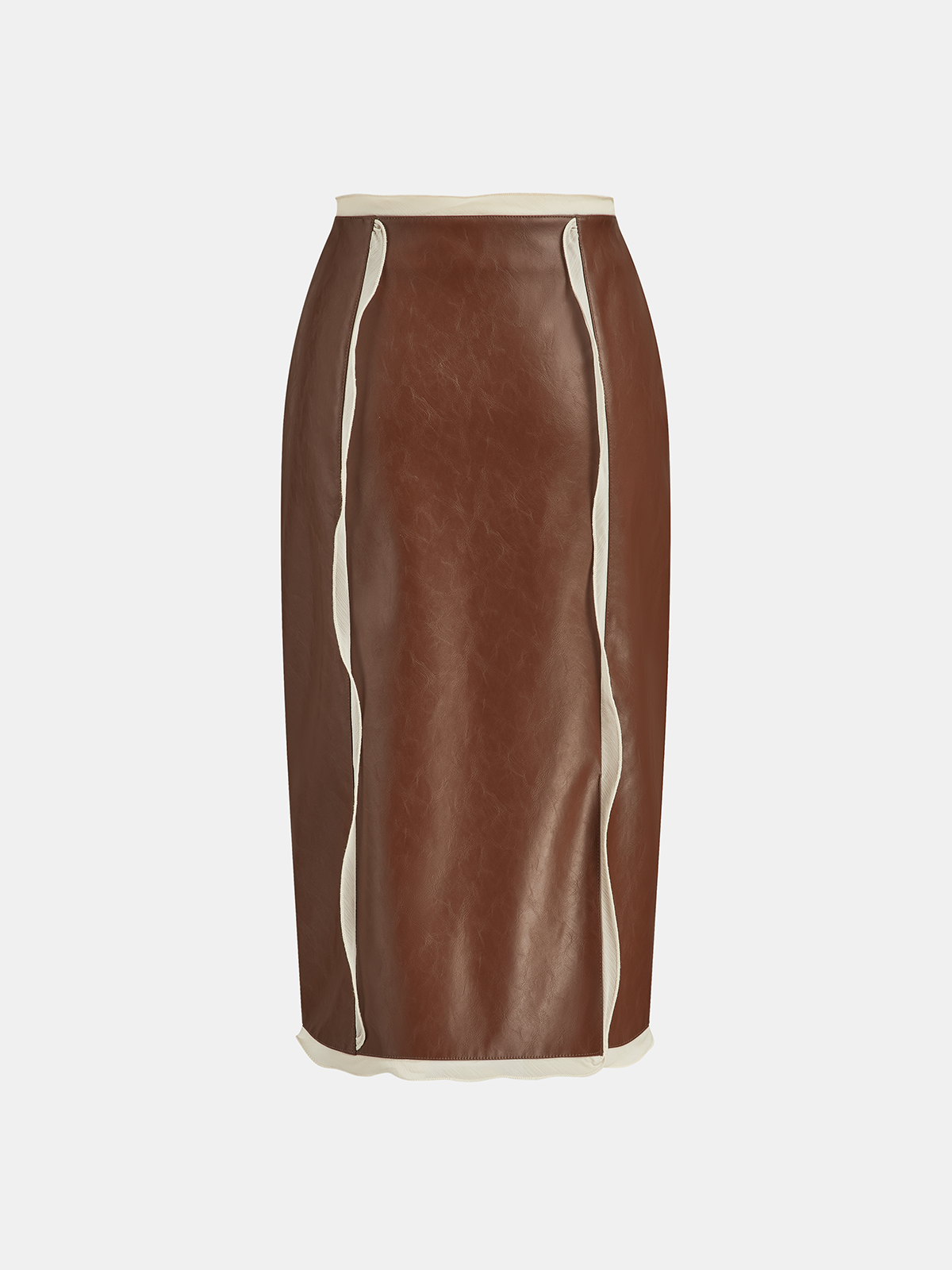 Contrast Piping Faux Leather Midi Skirt
