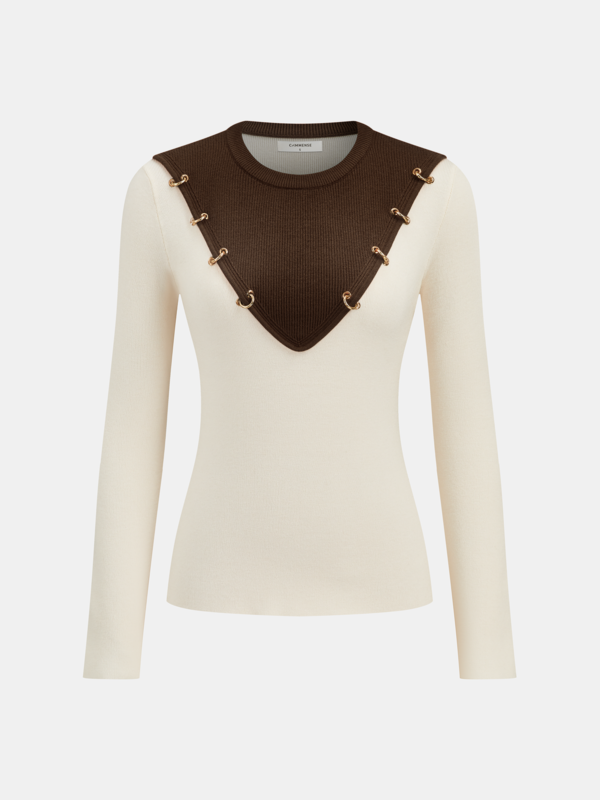 Metal Detail Color-Block Long Sleeve Knit Top