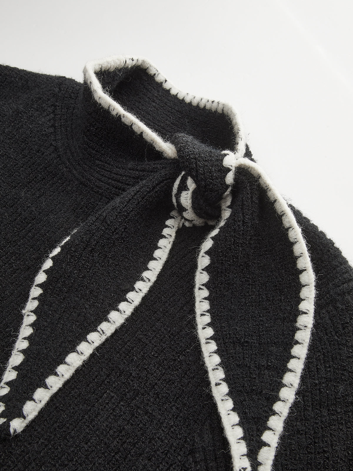 Mock Neck Tie Neck Contrast Stitch Sweater