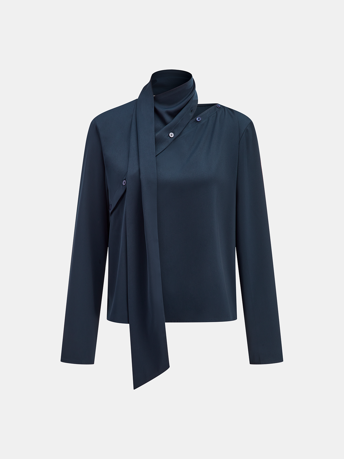 Asymmetrische Satinbluse mit Schleifenknoten und Knopfdetails