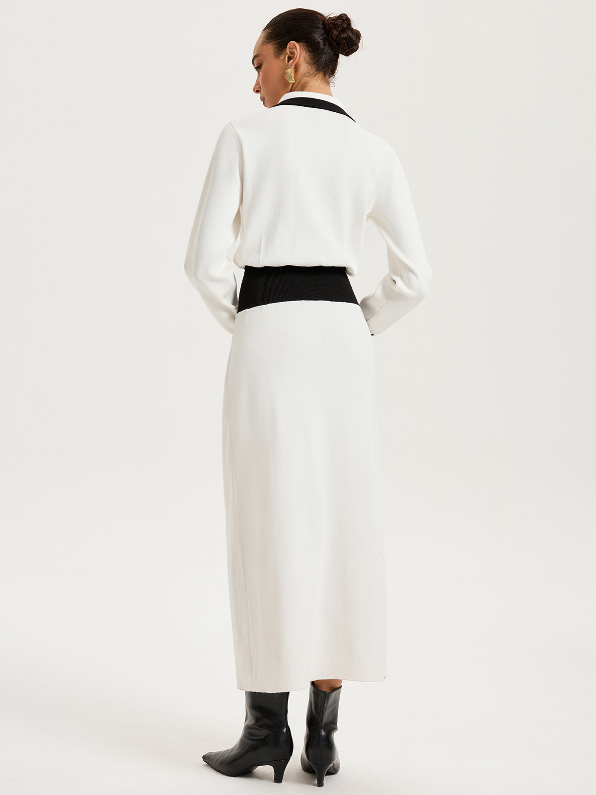 Collared Metal Button Contrast Trim Knit Maxi Dress