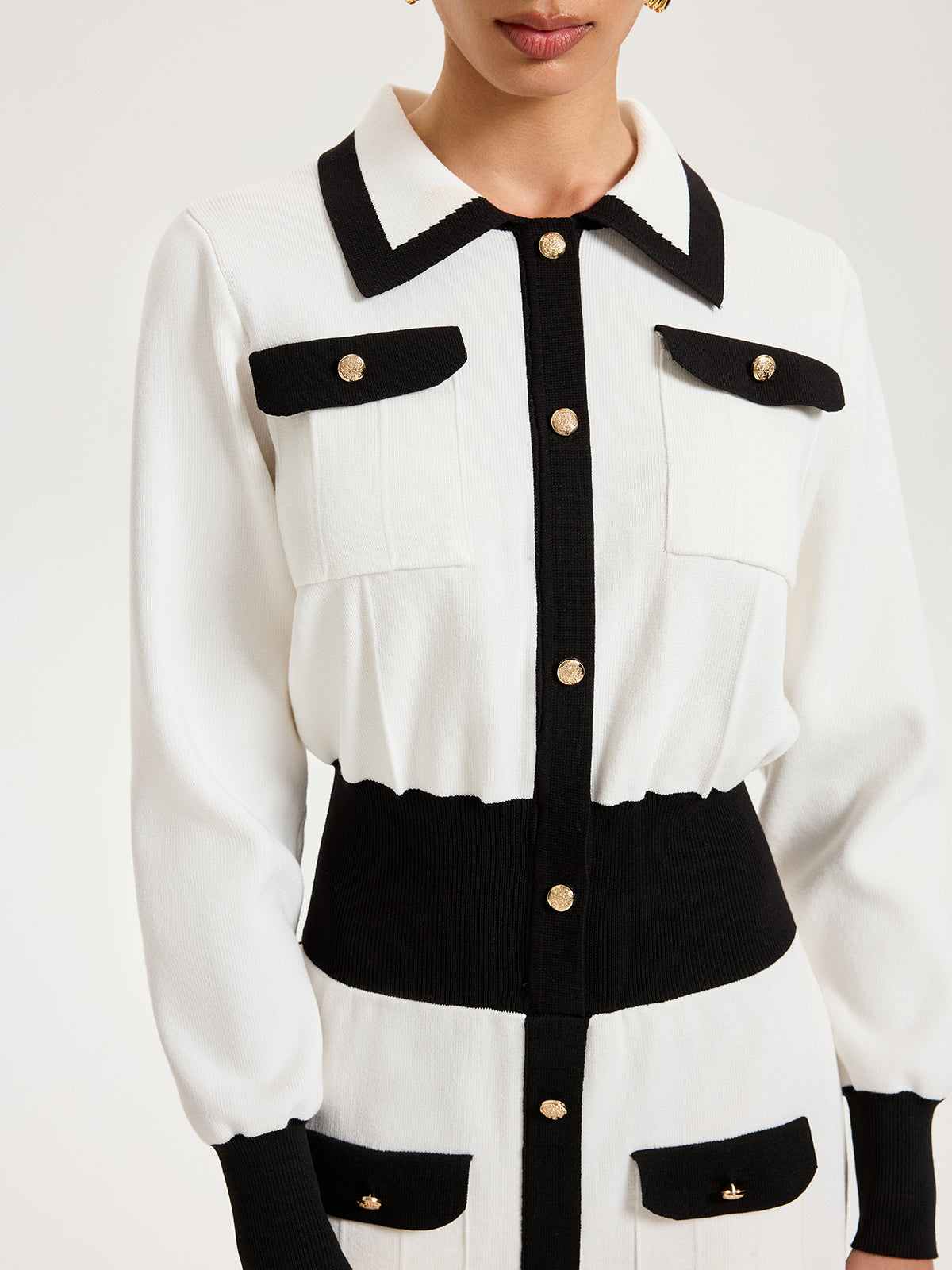 Collared Metal Button Contrast Trim Knit Maxi Dress