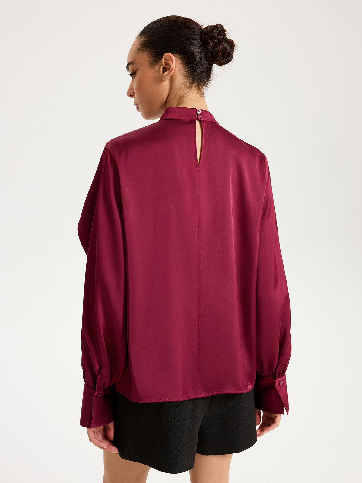 Satin Pleated Blouse with Cut-Out Sleeve