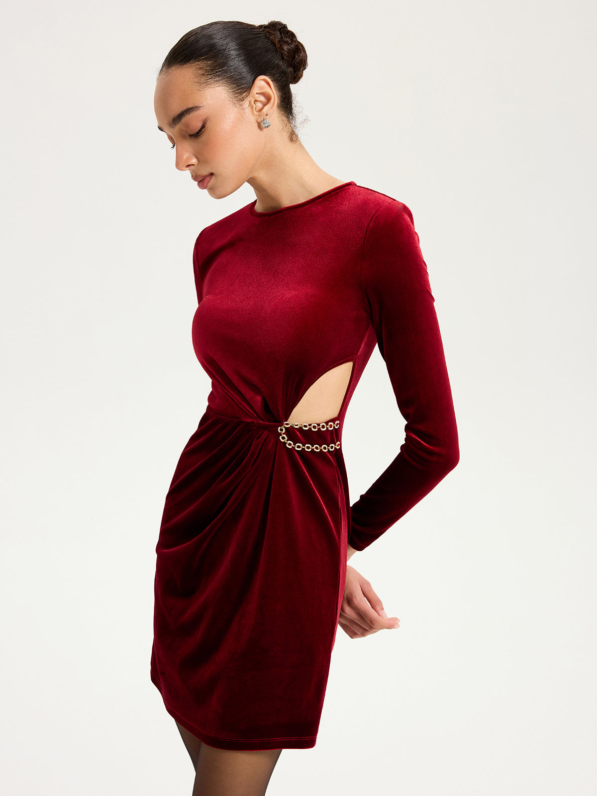 Chain Detail Cut-Out Velvet Mini Dress