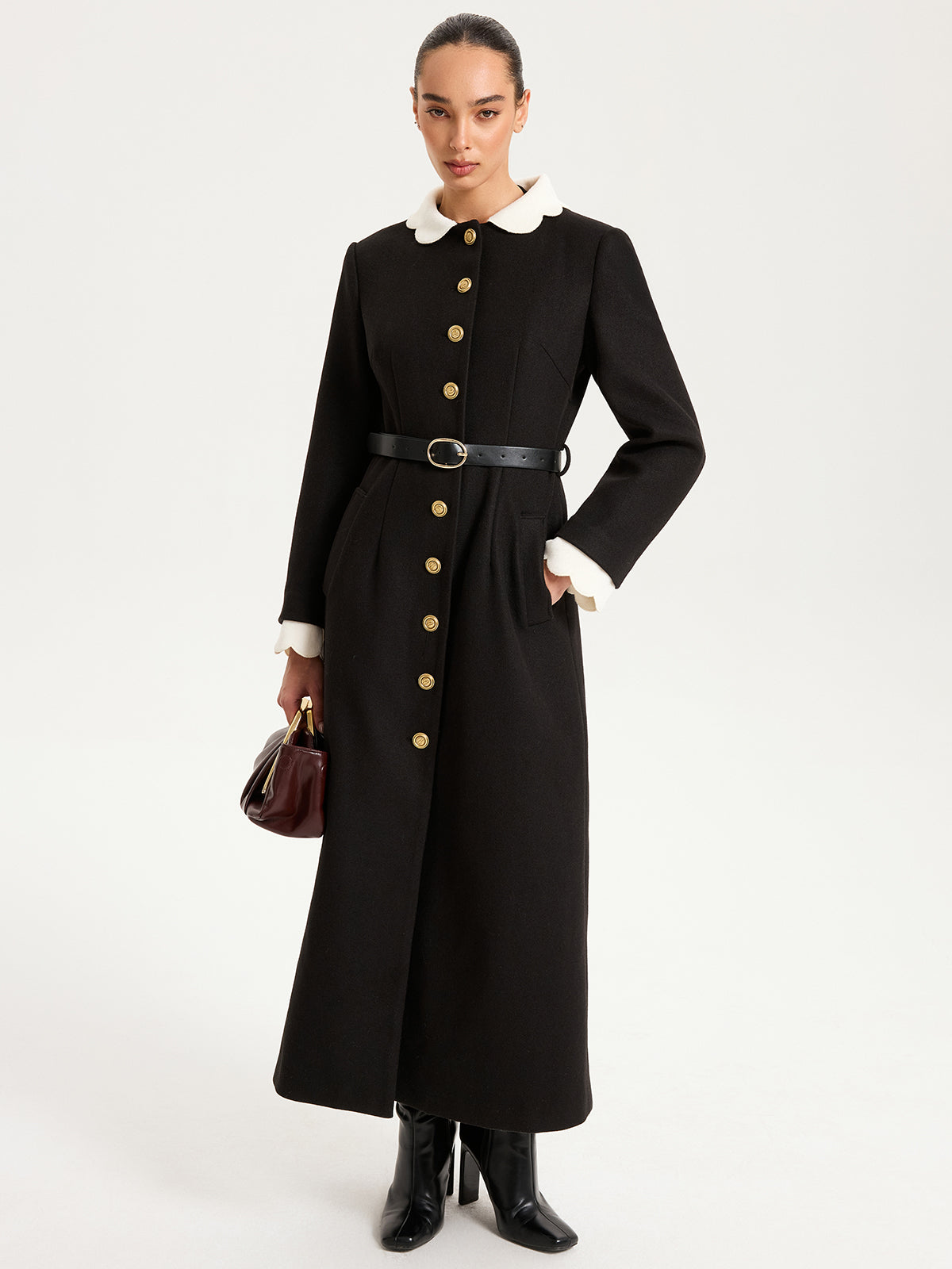 Contrast Collar Metal Button Longline Coat