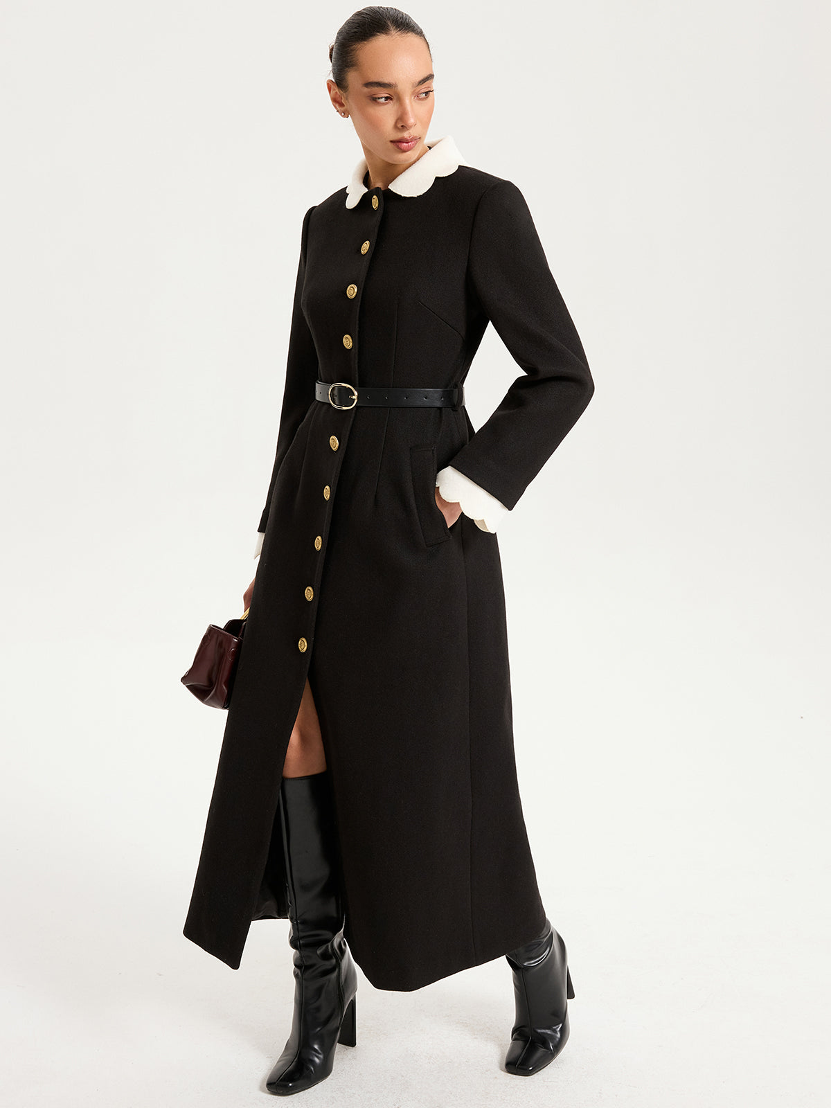Contrast Collar Metal Button Longline Coat