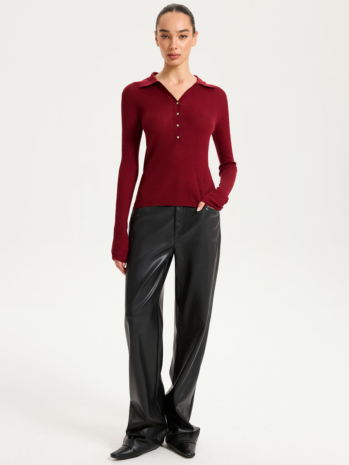 Wool-Blend Buttoned Long Sleeve Polo Knit Top