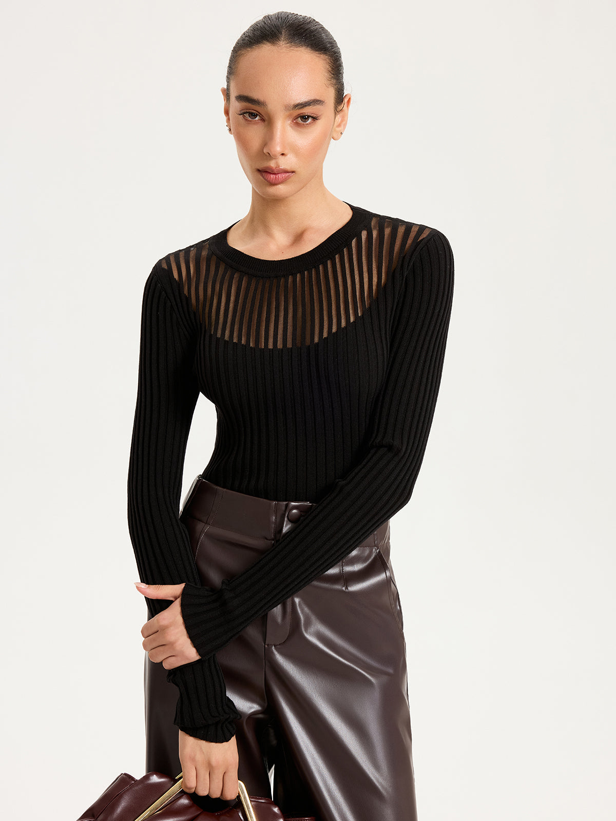 Sheer Panel Ribbed Knit Top