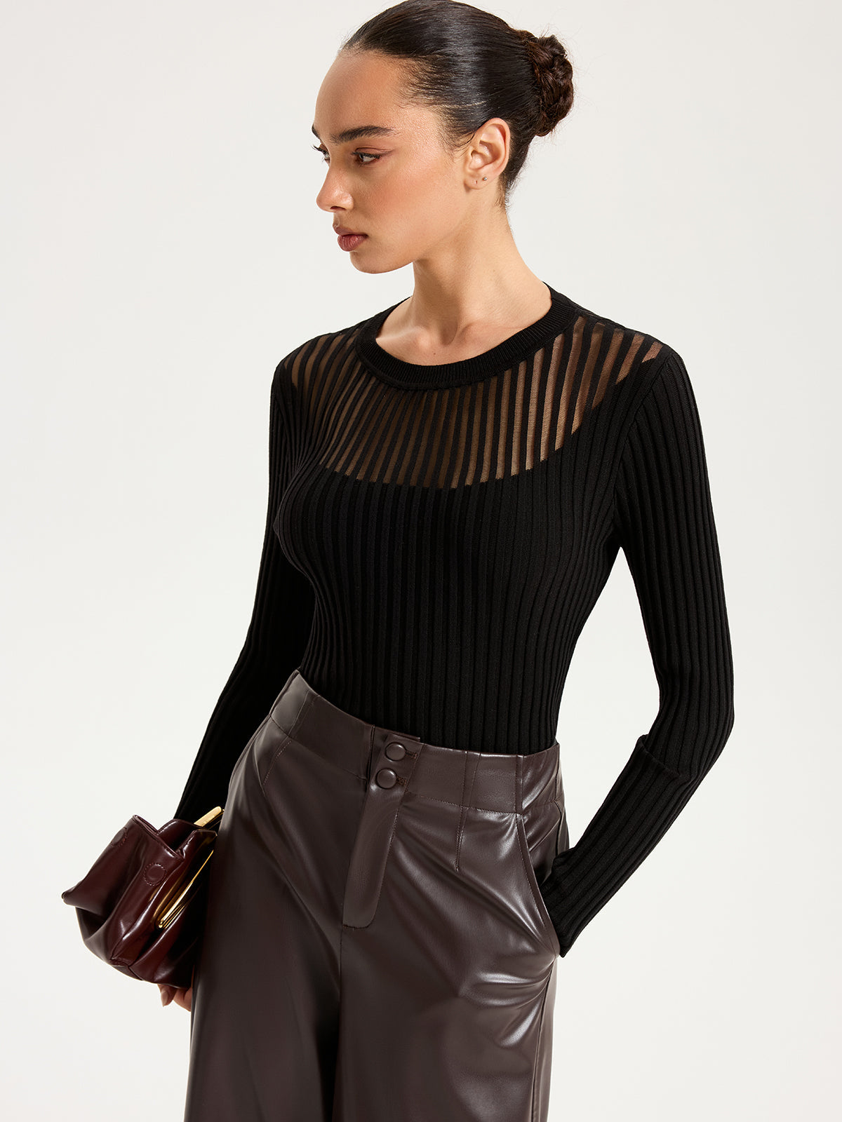 Sheer Panel Ribbed Knit Top