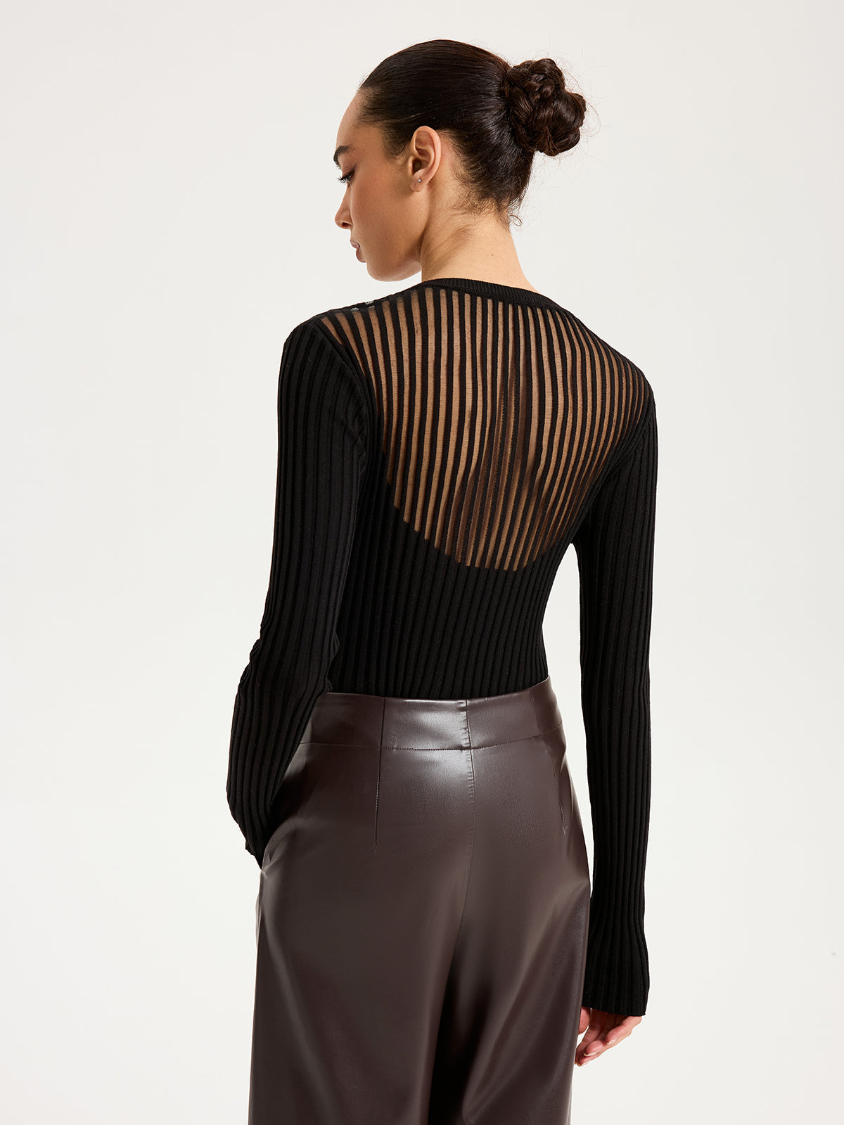 Sheer Panel Ribbed Knit Top