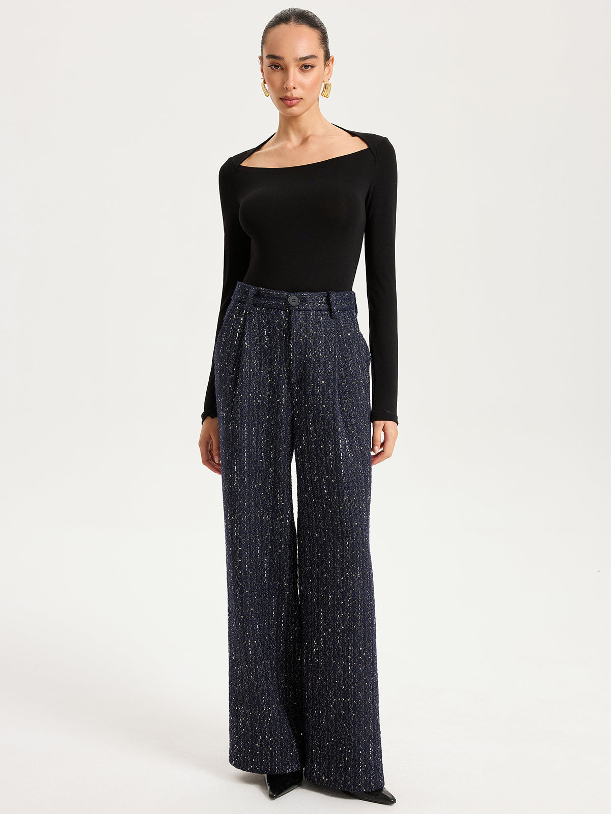 Tweed-Paillettenhose mit weitem Bein und mittlerer Bundhöhe