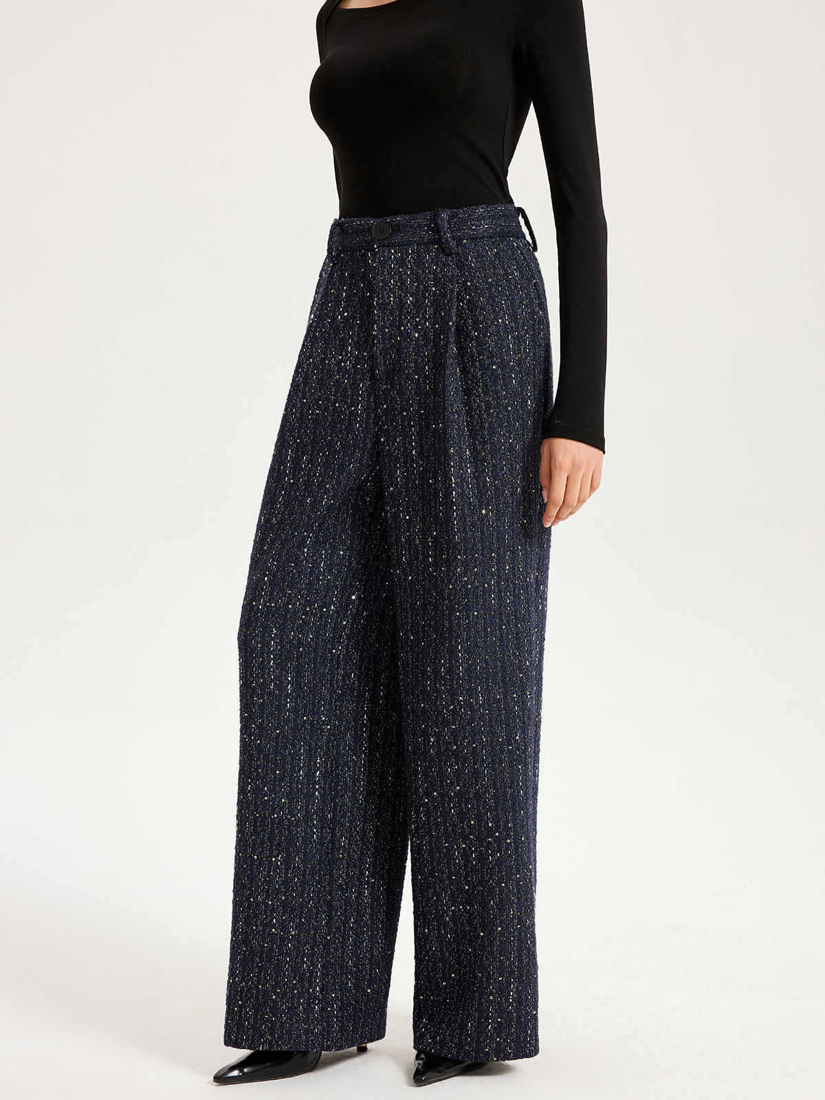 Tweed-Paillettenhose mit weitem Bein und mittlerer Bundhöhe