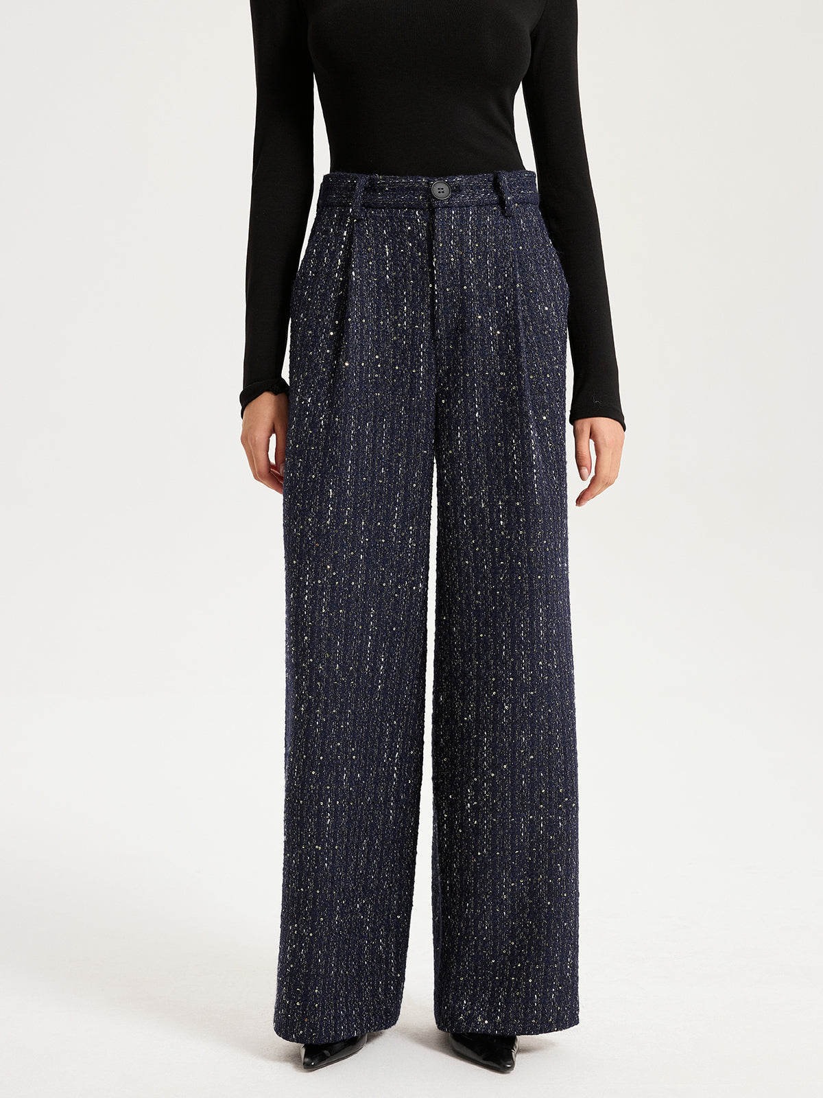 Tweed-Paillettenhose mit weitem Bein und mittlerer Bundhöhe