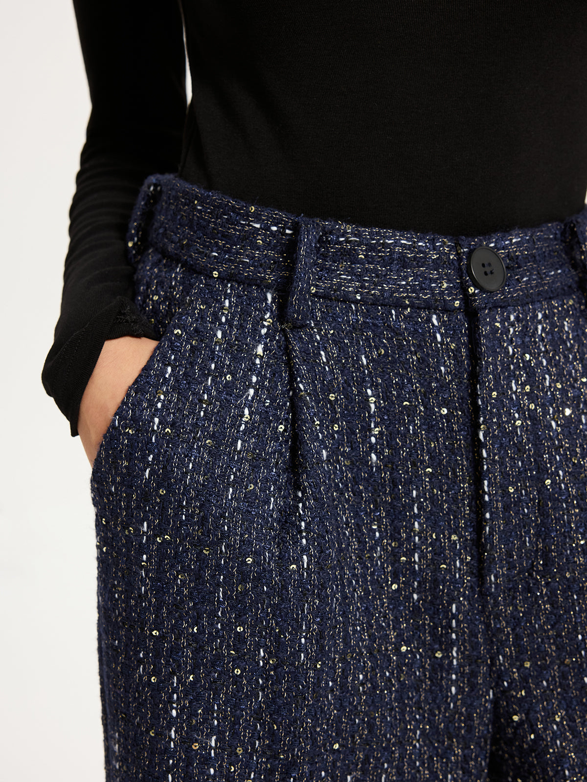 Tweed-Paillettenhose mit weitem Bein und mittlerer Bundhöhe
