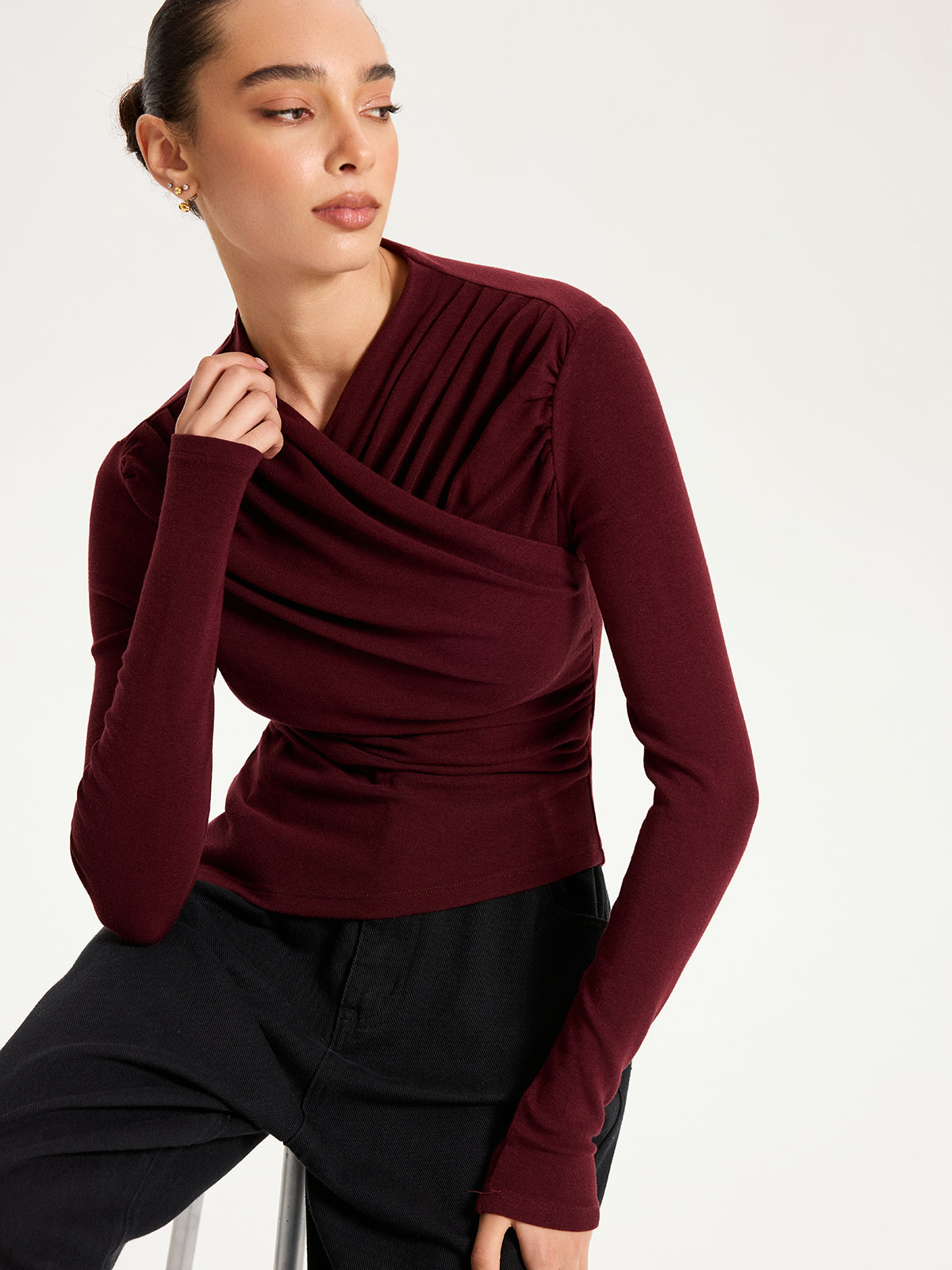 Cross Ruched Long Sleeve Top