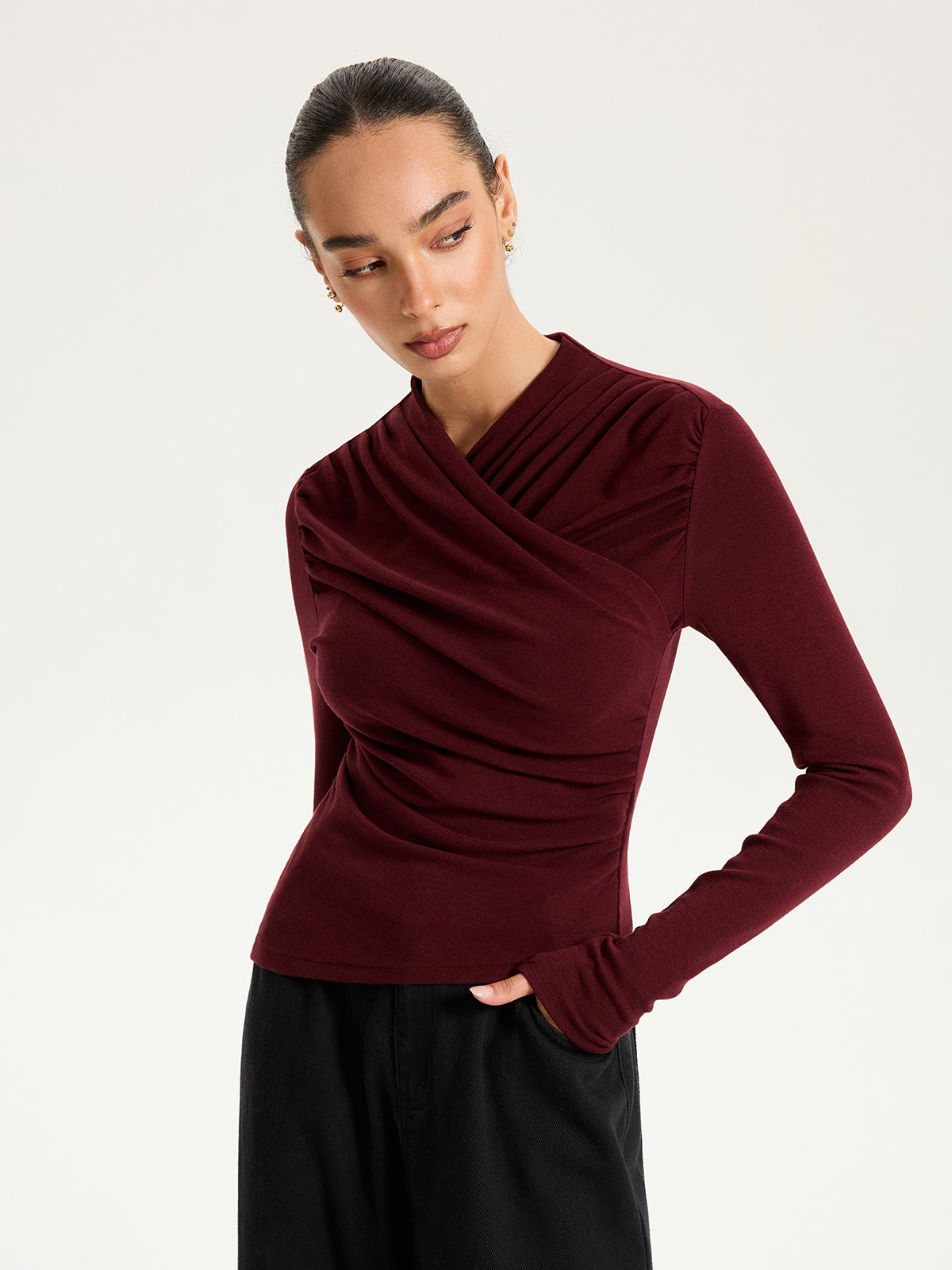 Cross Ruched Long Sleeve Top
