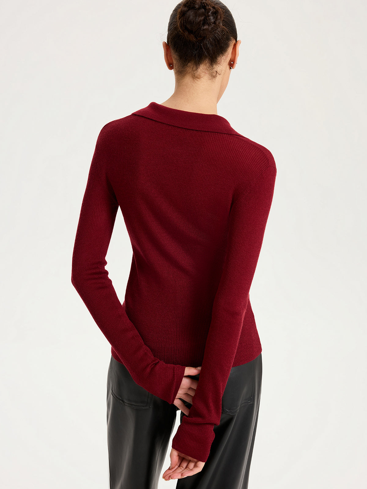 Wool-Blend Buttoned Long Sleeve Polo Knit Top