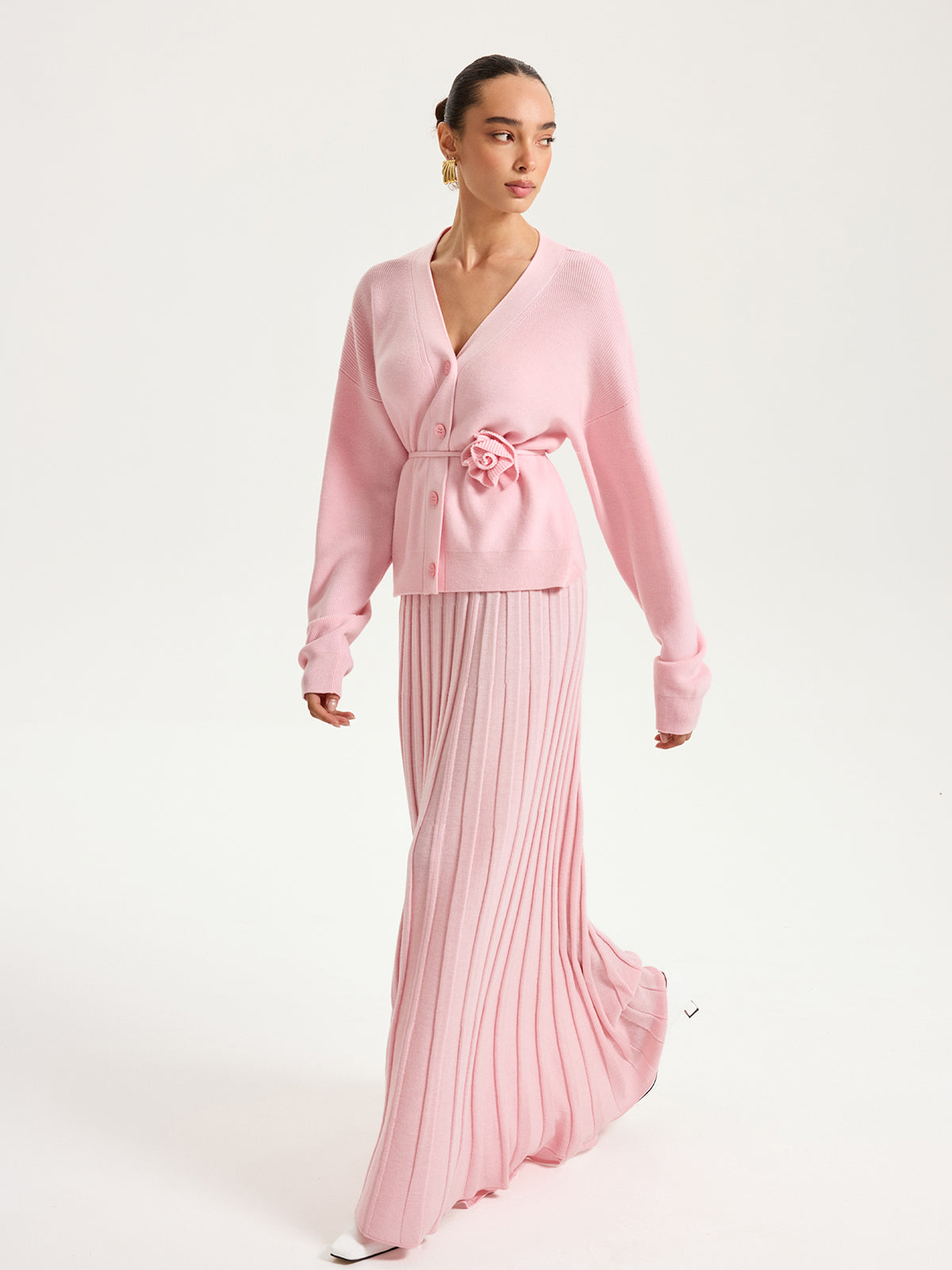 Knitted Belted Cardigan and Textured Maxi Skirt Set