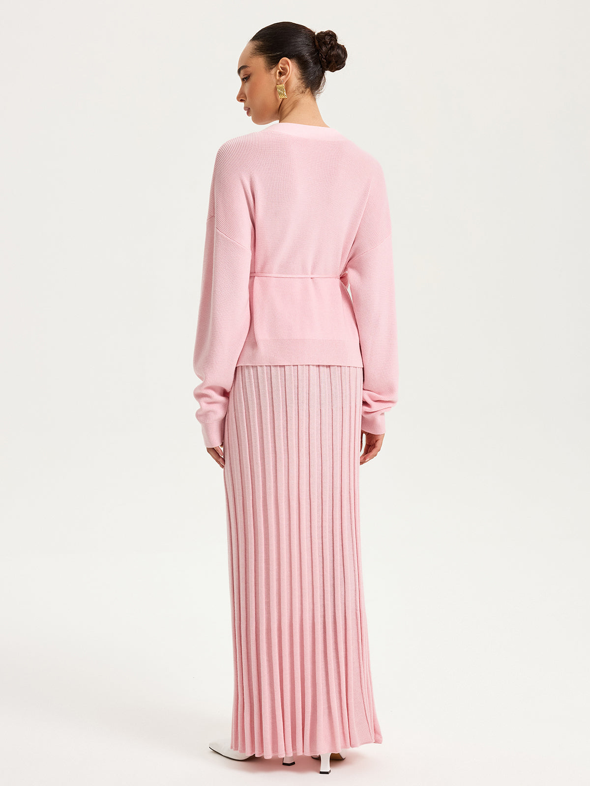Knitted Belted Cardigan and Textured Maxi Skirt Set