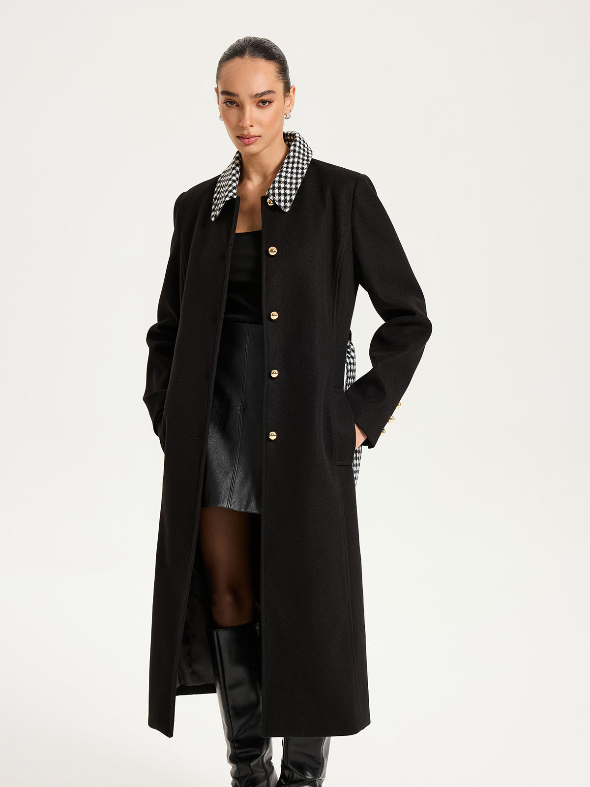 Belted Houndstooth Collar Long Coat