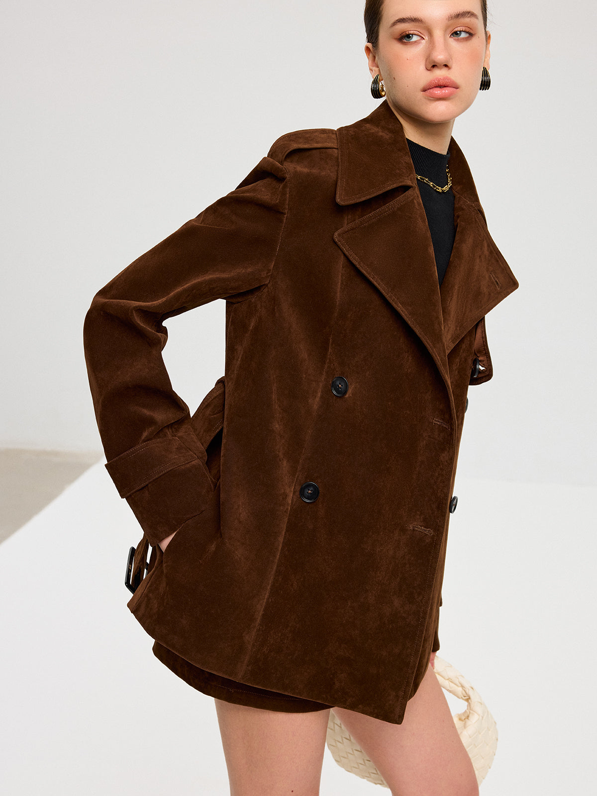 Trench-coat effet suédine ceinturé