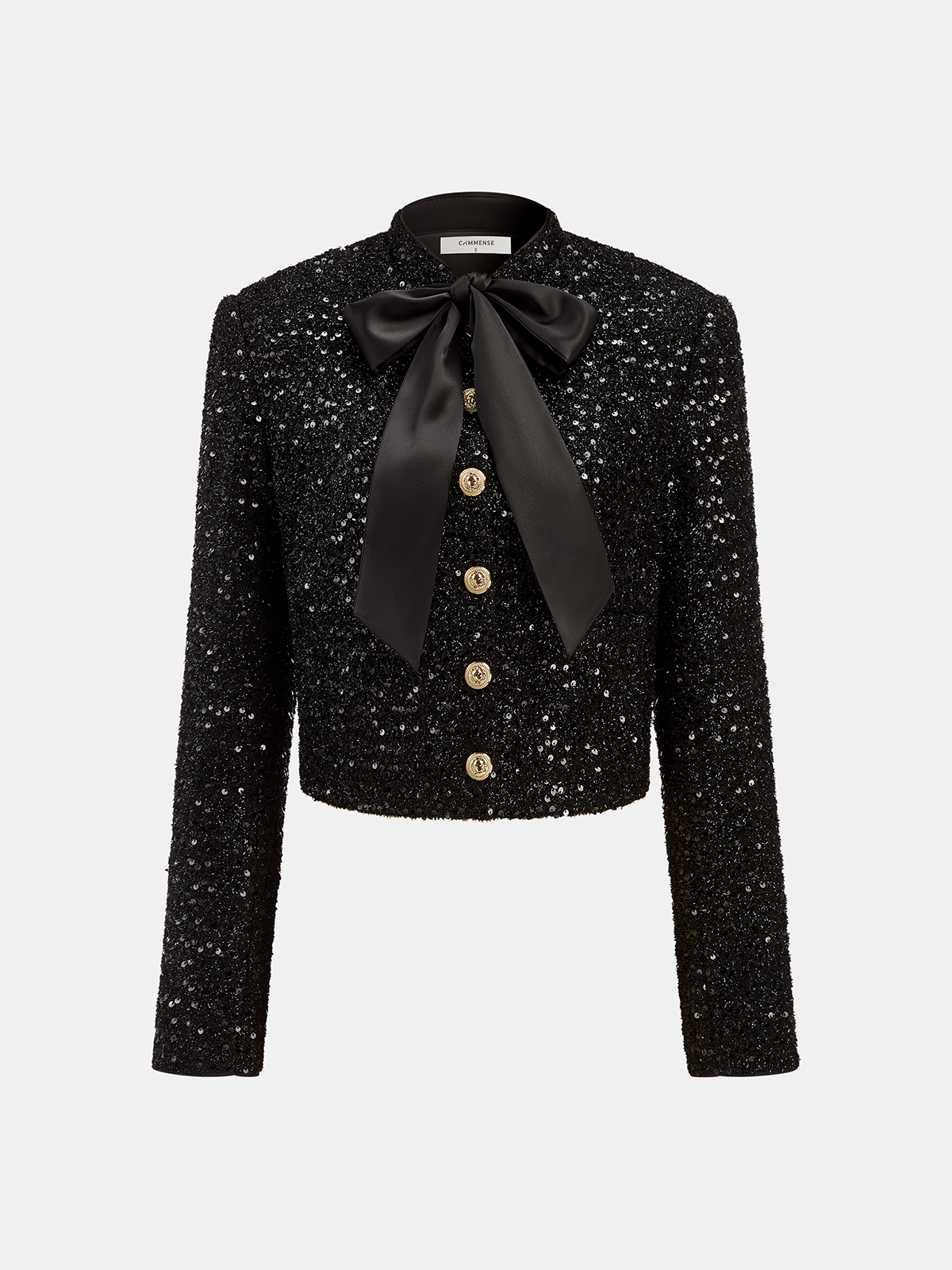 Bow Detail Sequined Tweed Cropped Jacket