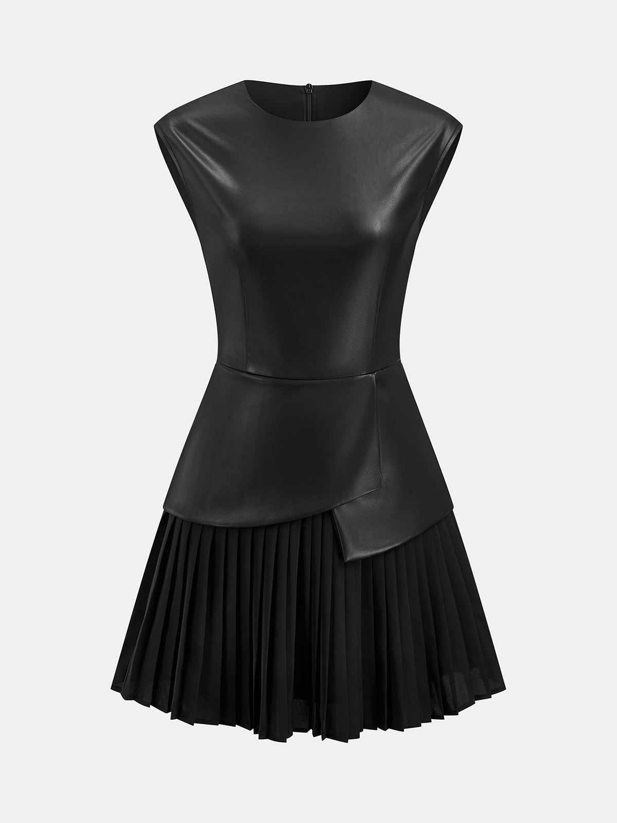 Ärmelloses Kleid aus PU-Leder mit Faltenrock