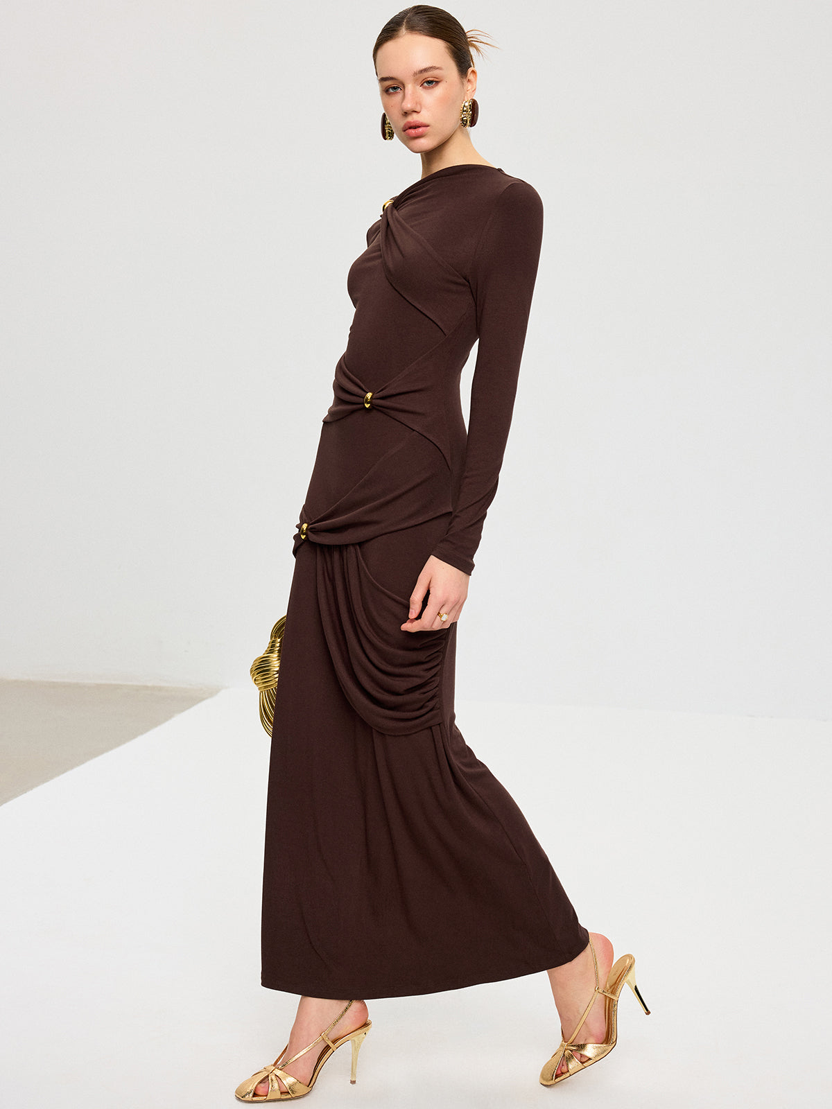 Metal Detail Long Sleeve Draped Maxi Dress