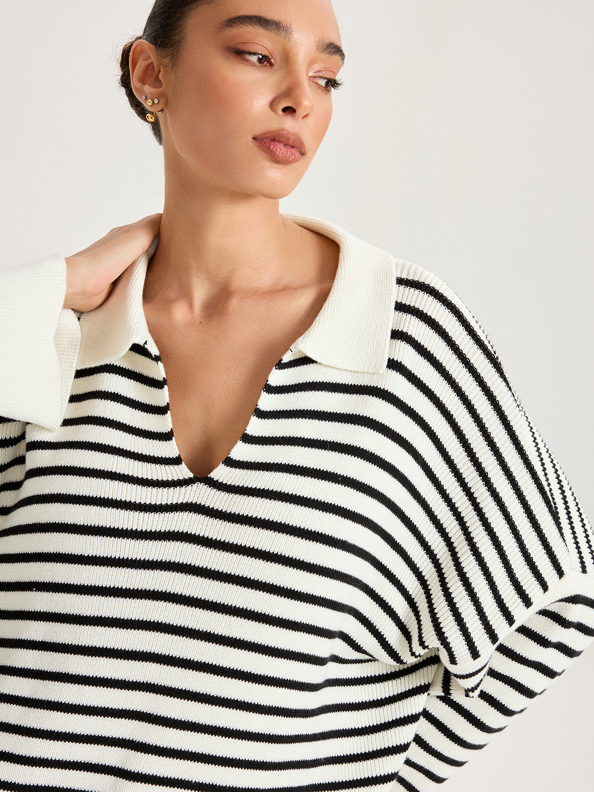 Striped Polo V-Neck Knit Top