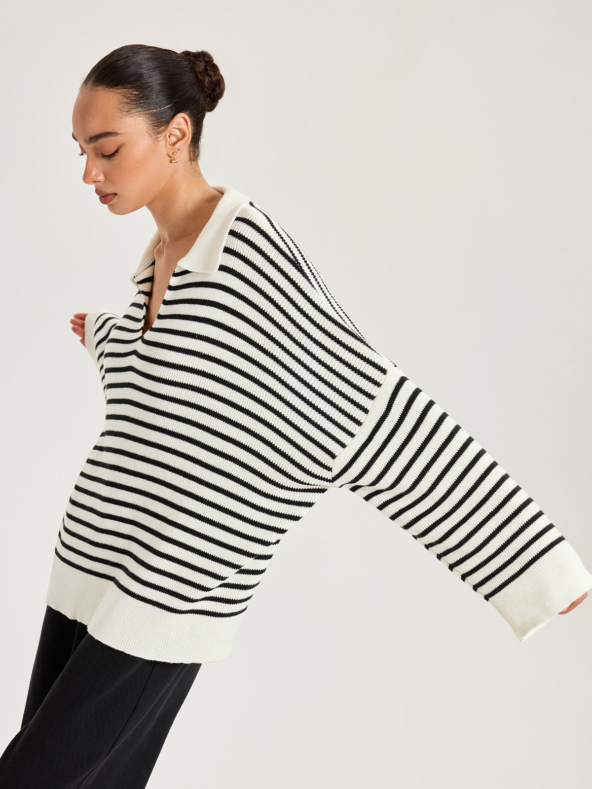 Striped Polo V-Neck Knit Top