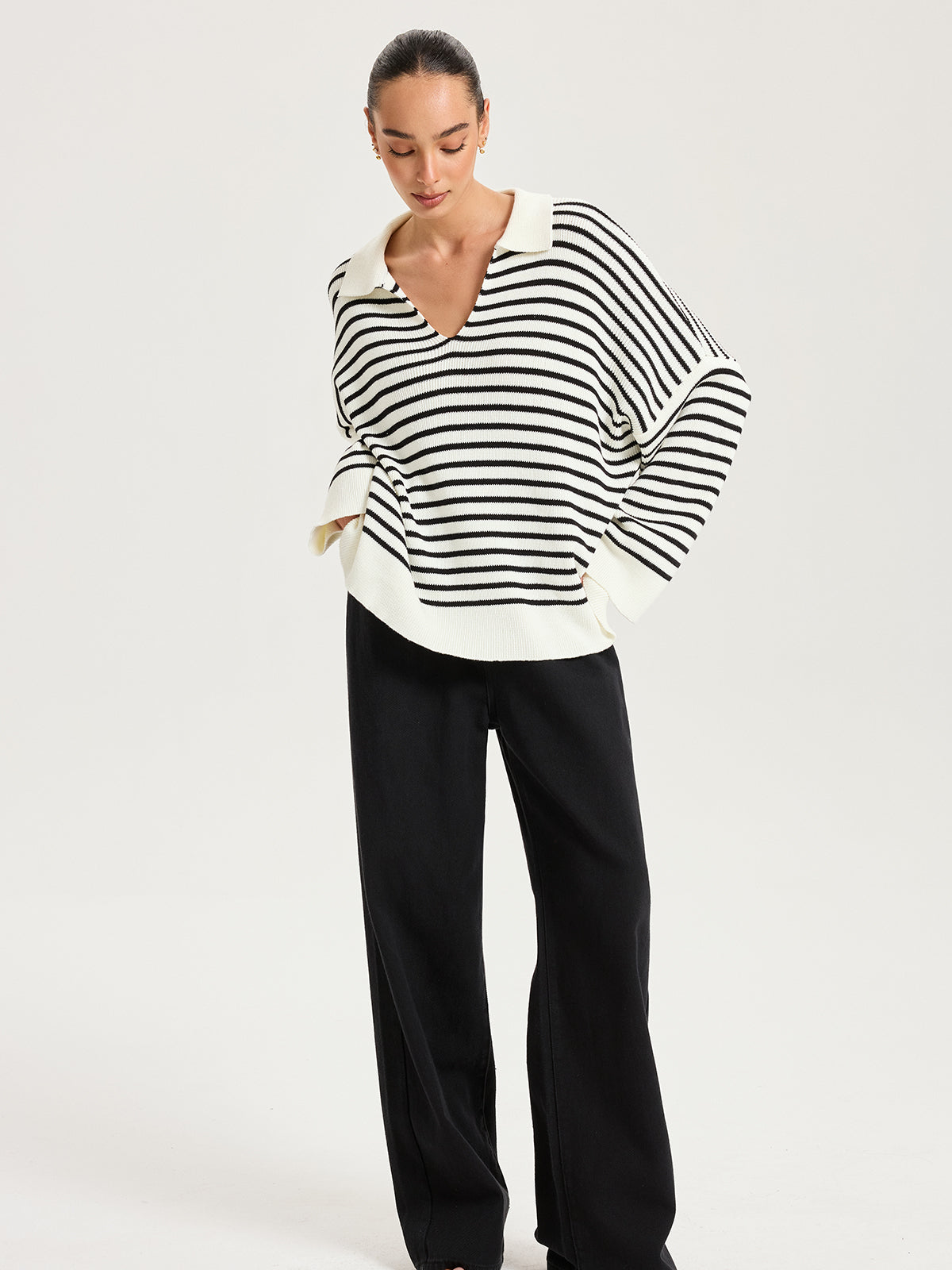 Striped Polo V-Neck Knit Top