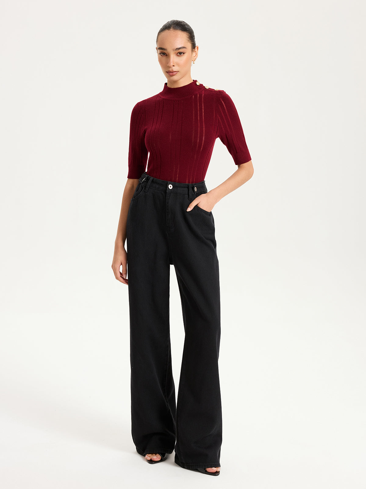Shoulder Button Mock Neck Short Sleeve Sweater