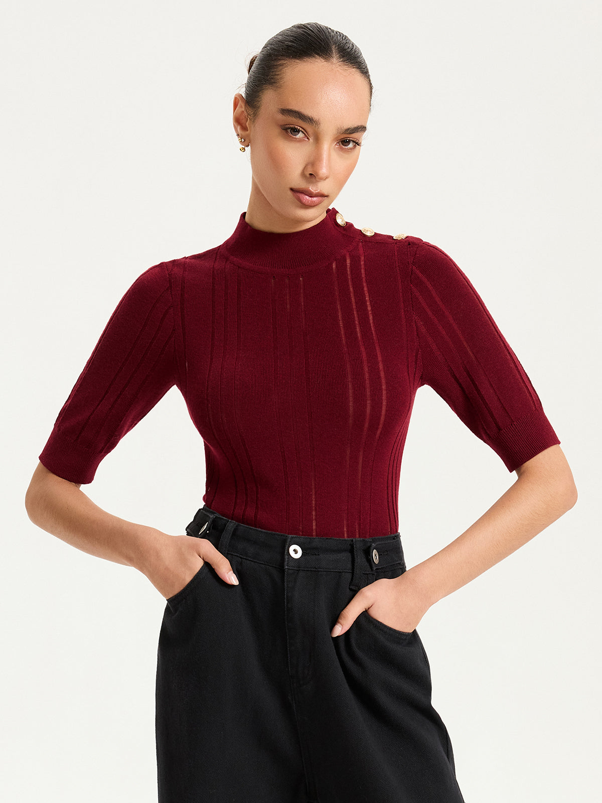 Shoulder Button Mock Neck Short Sleeve Sweater