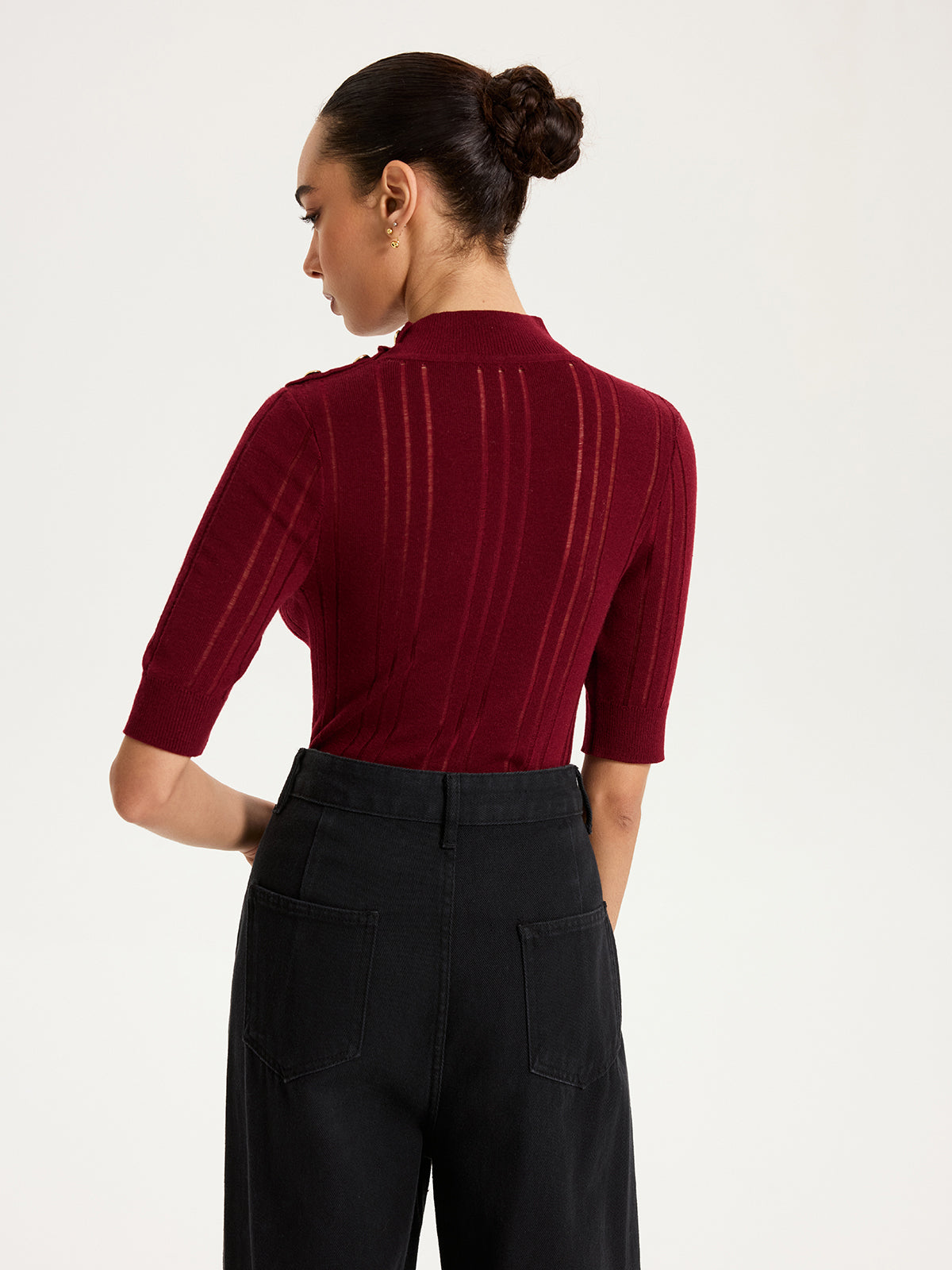 Shoulder Button Mock Neck Short Sleeve Sweater