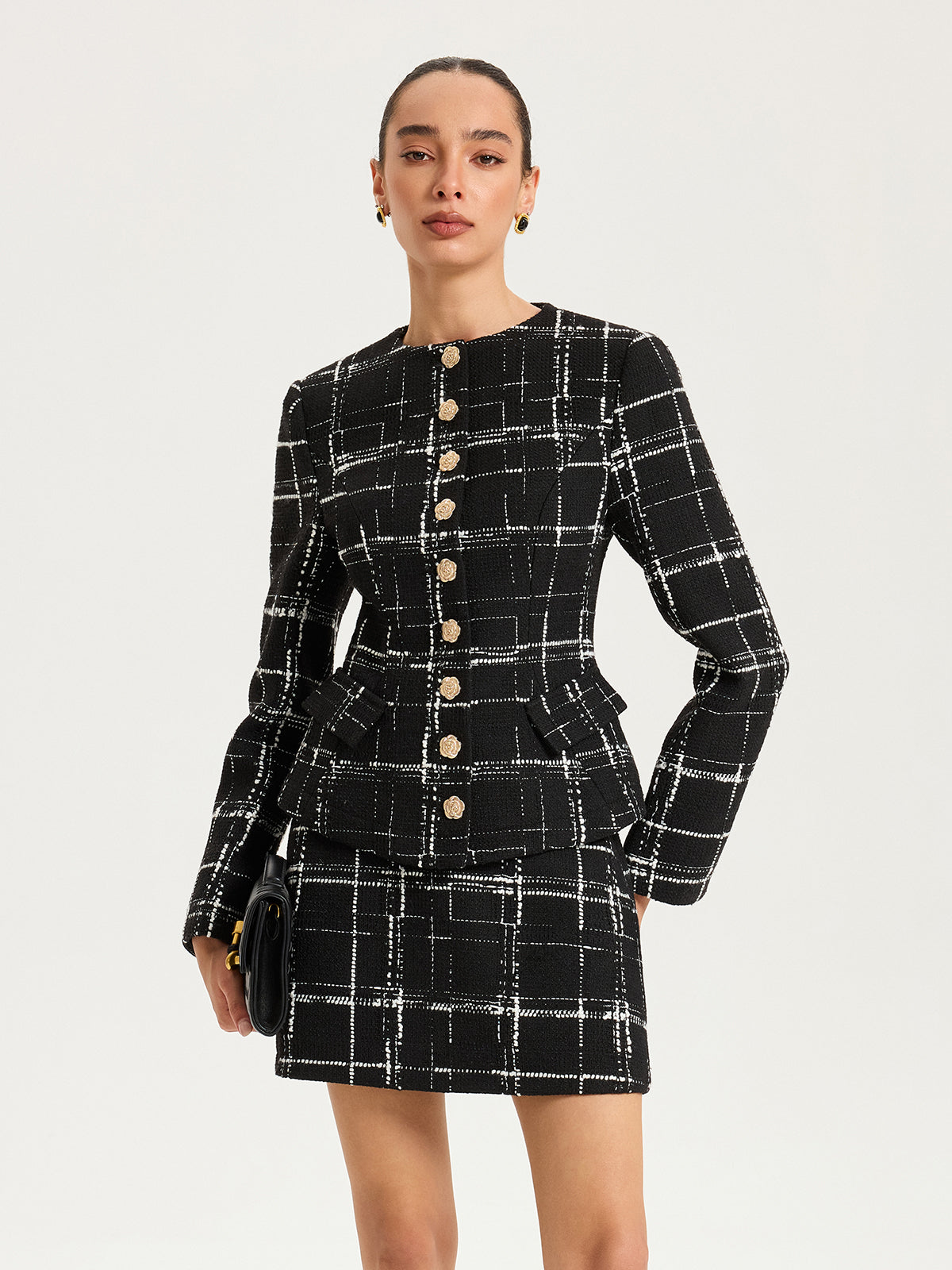 Tweed-Blazer mit Karomuster und Metallknöpfen