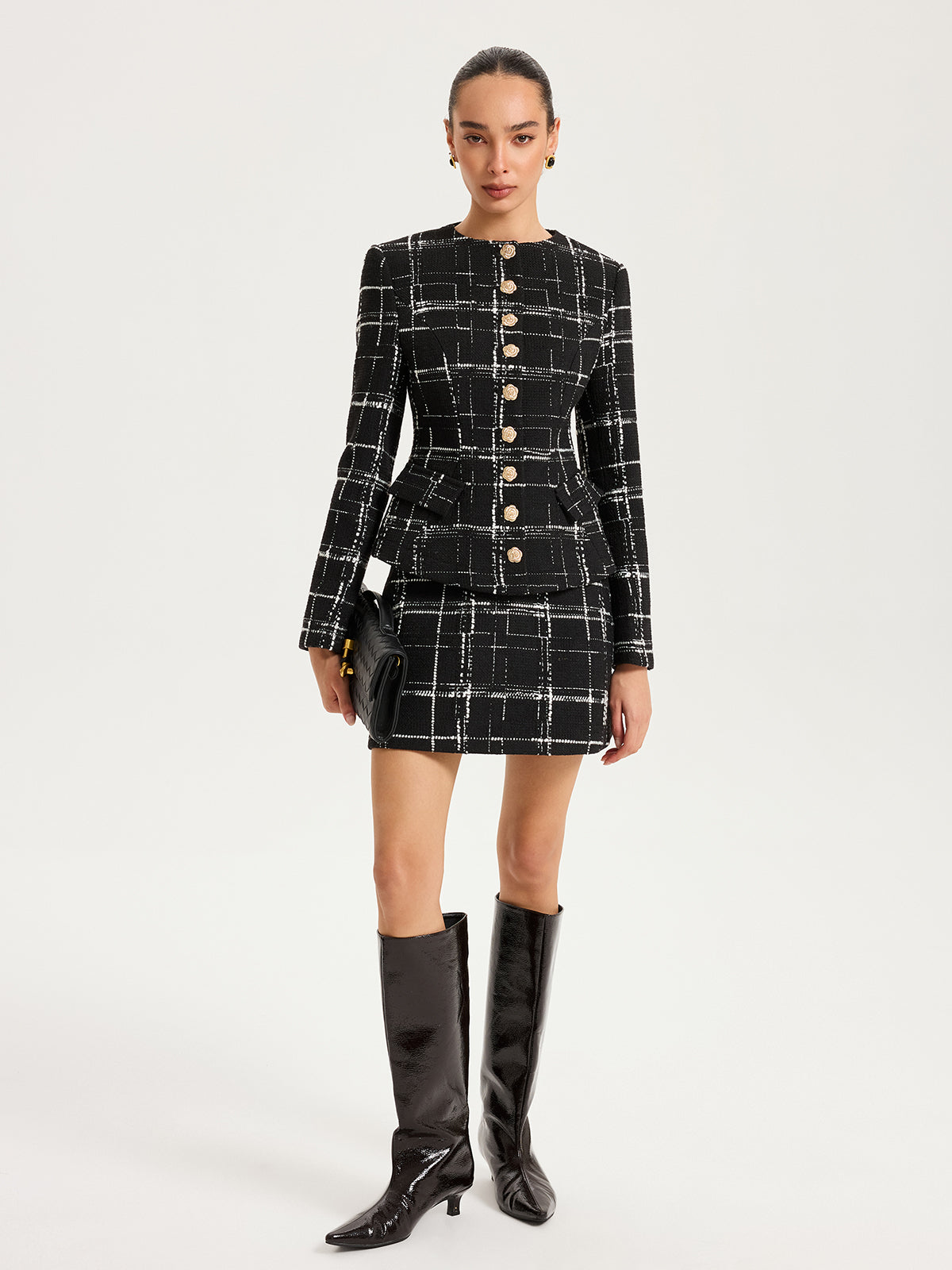 Tweed Plaid Metal-Button Blazer