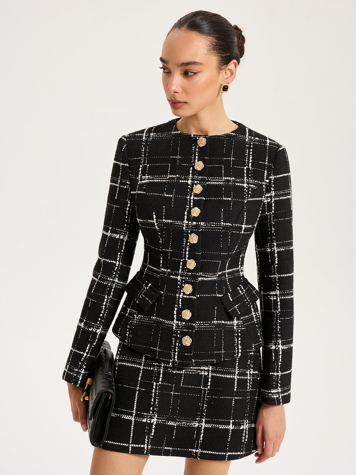 Tweed-Blazer mit Karomuster und Metallknöpfen