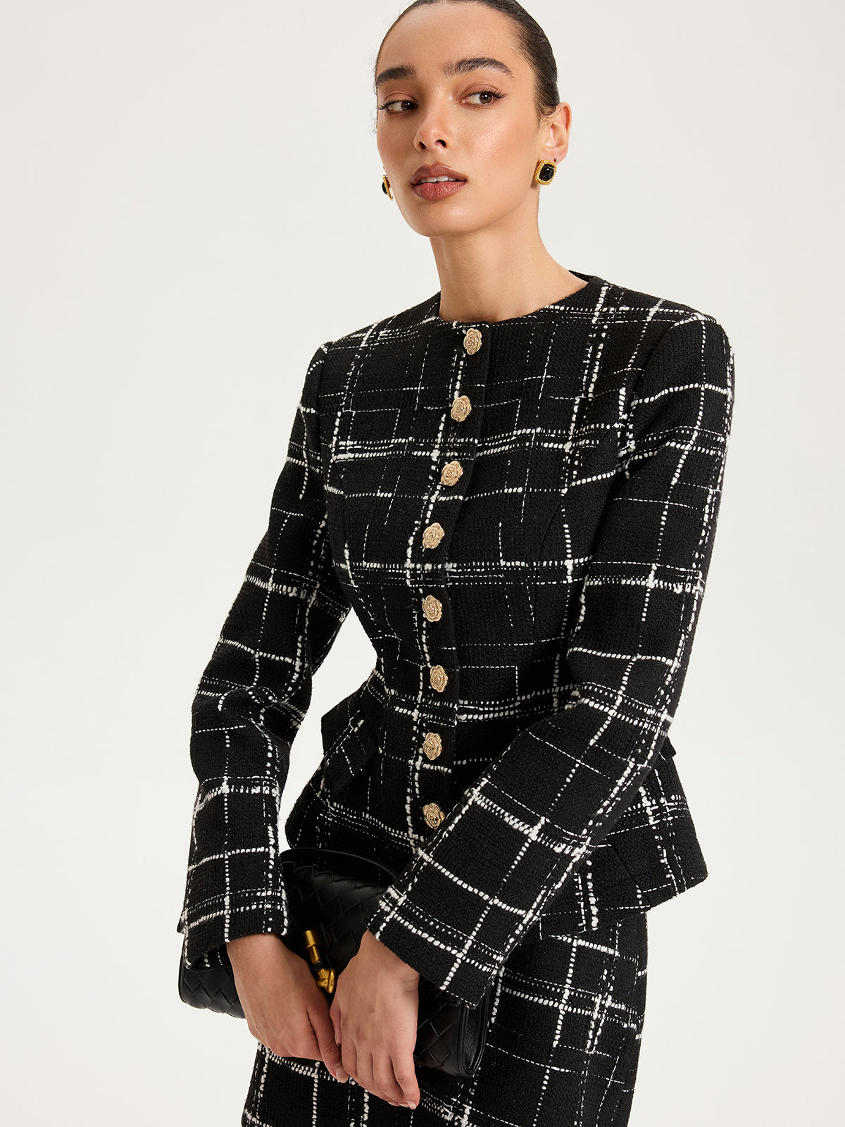 Tweed Plaid Metal-Button Blazer