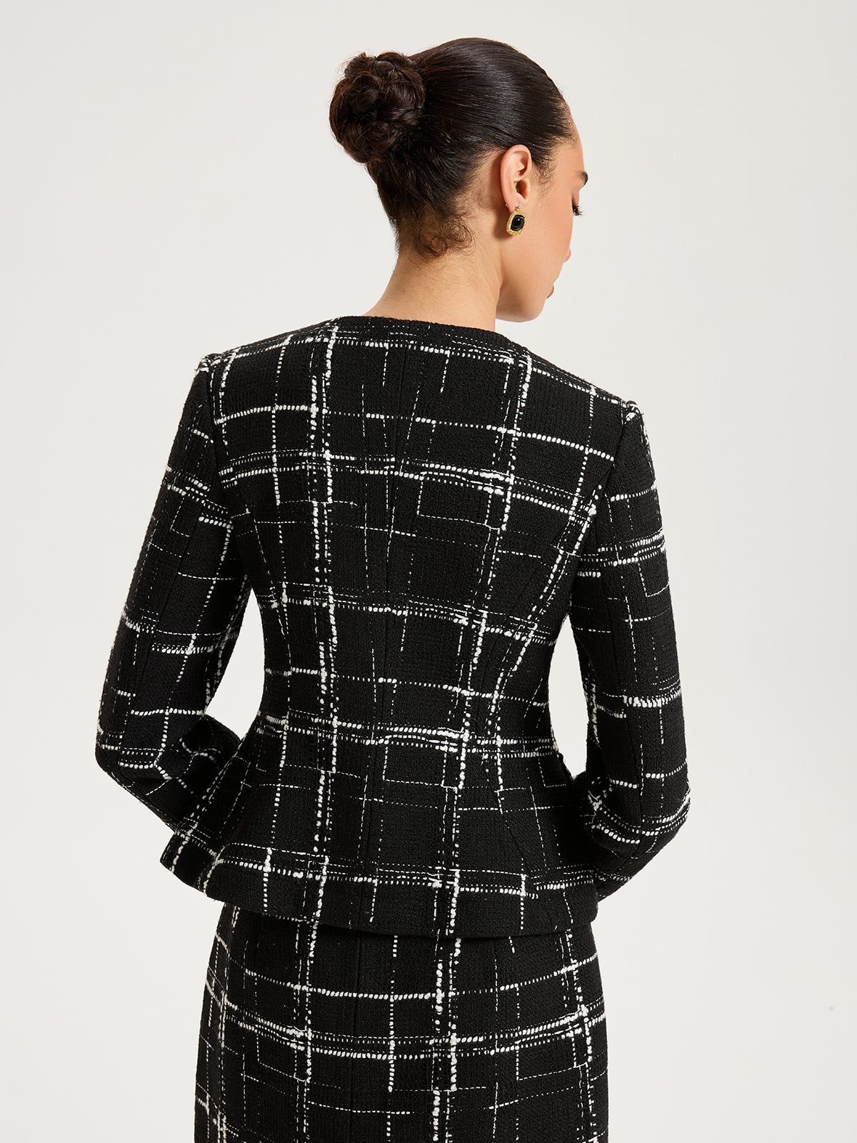 Tweed Plaid Metal-Button Blazer